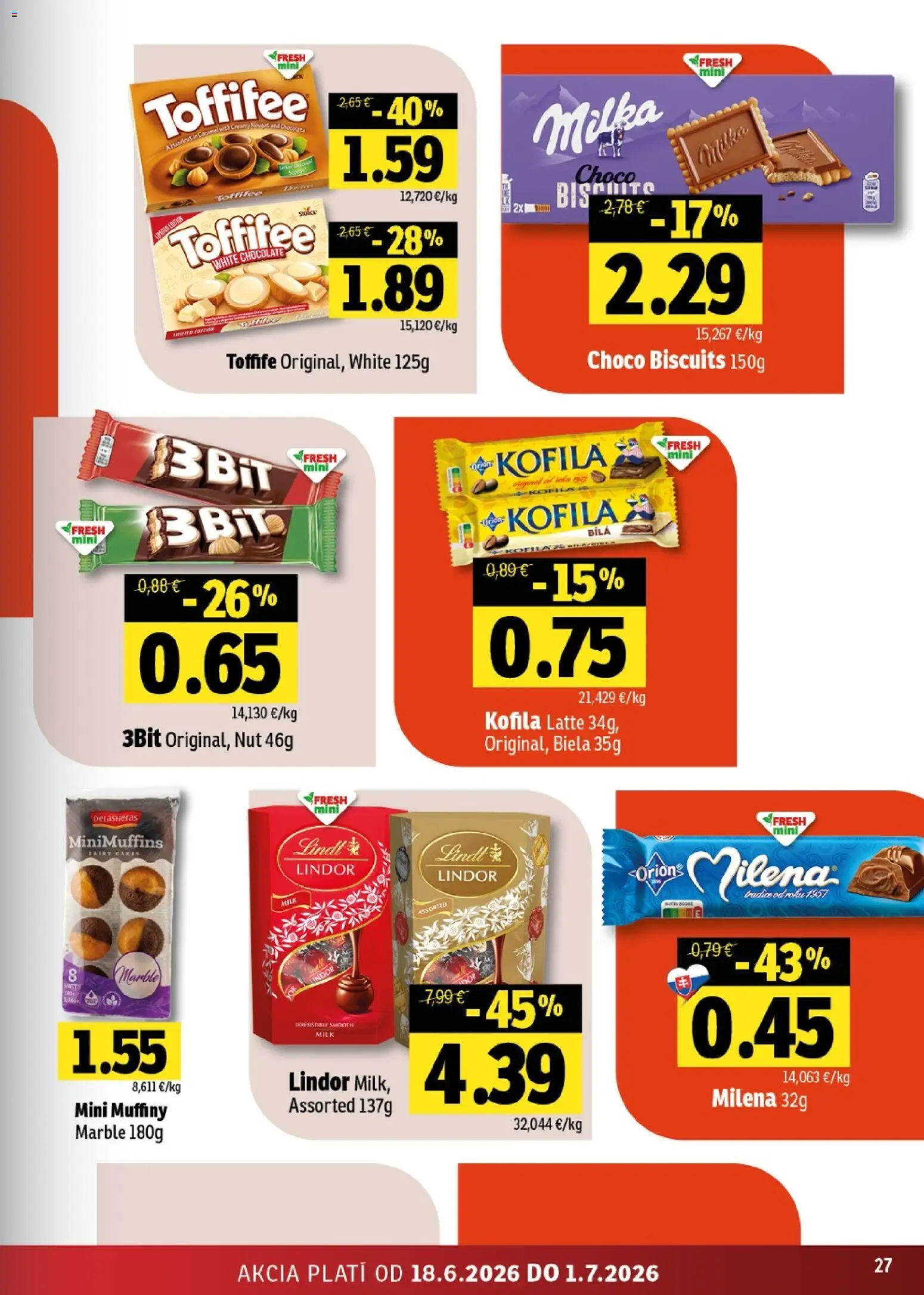 Nové Fresh akcie – leták je platný od 18.06.2026 | Strana: 27 | Produkty: Lindor, Lindt, Toffifee, Milka