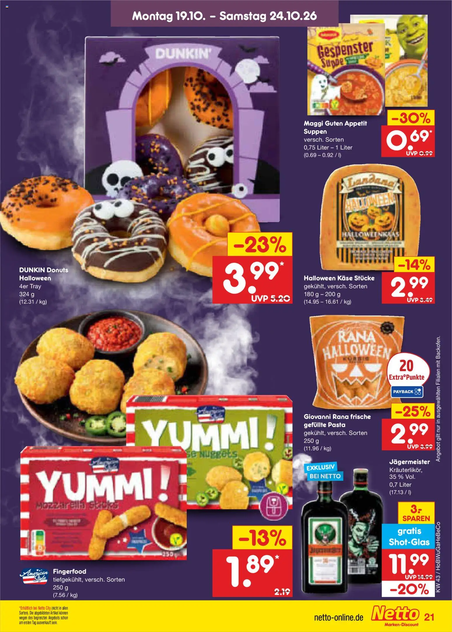 Netto Marken-Discount Prospekt – gültig ab 19.10.2026 | Seite: 23 | Produkte: Maggi, Donuts, Jägermeister, Pasta