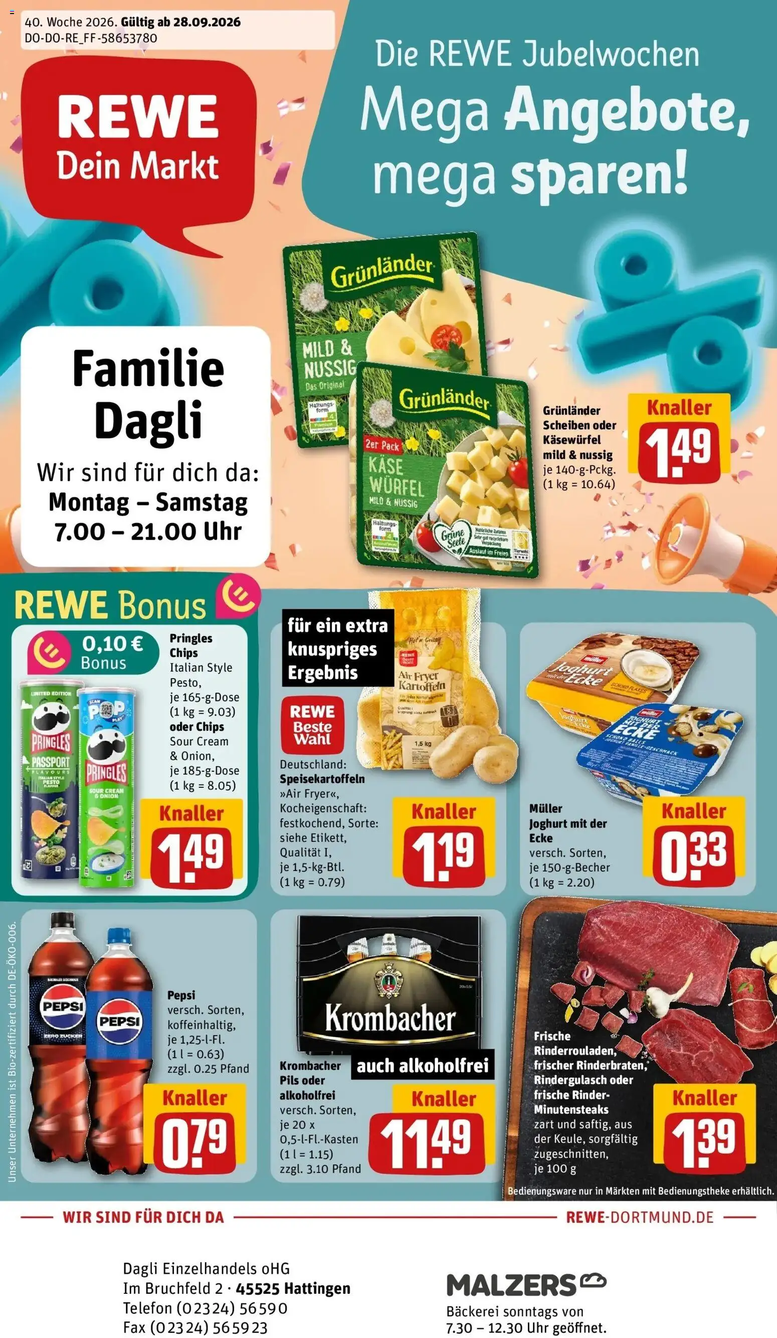 REWE Prospekt ab 28.09.2026 zum Blättern » Angebote | Seite: 1 | Produkte: Rindergulasch, Käse, Pepsi, Pringles