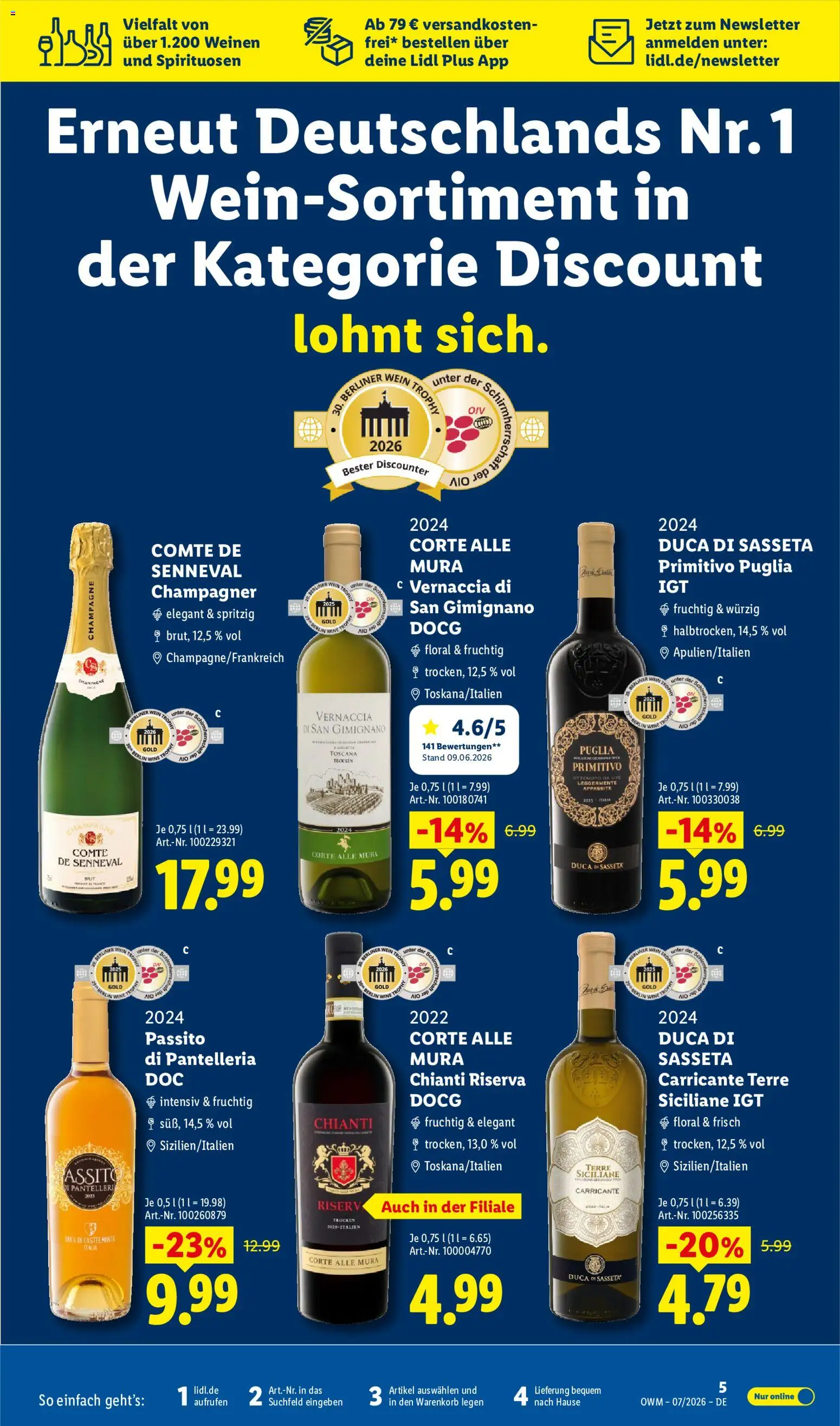 Lidl Německo leták - Wein & Spirituosen od 01.07.2026 | Strana: 5 | Produkty: Primitivo Puglia, Primitivo, Champagne