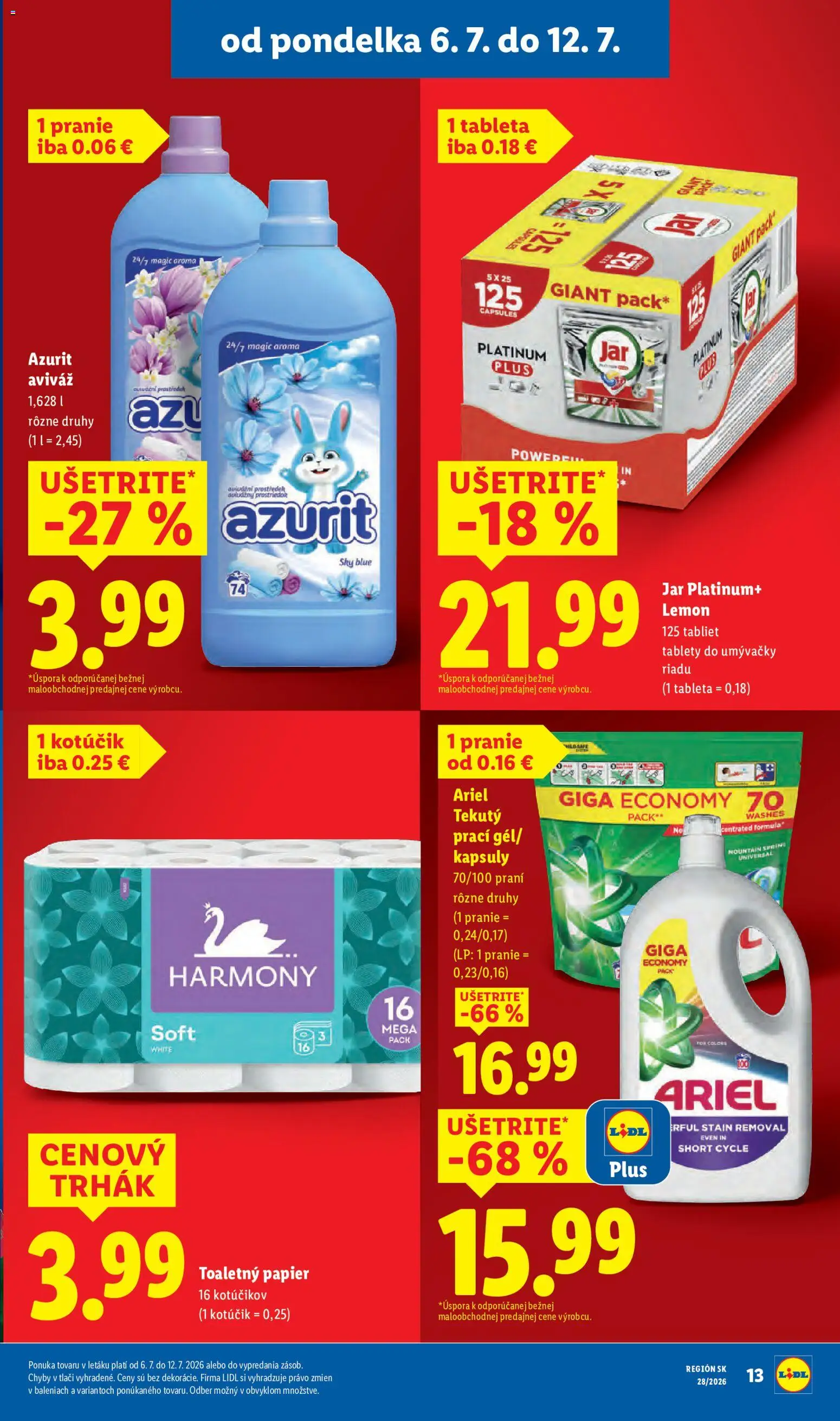 Nové Lidl akcie – leták je platný od 06.07.2026 | Strana: 23 | Produkty: Toaletný papier, Aviváž, Tablety do umývačky riadu, Jar