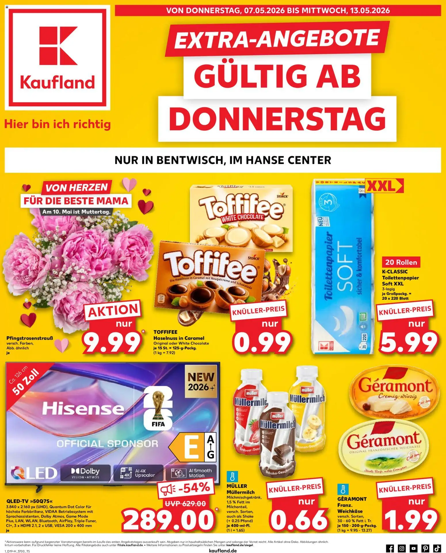 Kaufland Prospekt Rostock	 – gültig ab 07.05.2026 | Seite: 1 | Produkte: Hisense, Geramont, Schokolade, Müllermilch