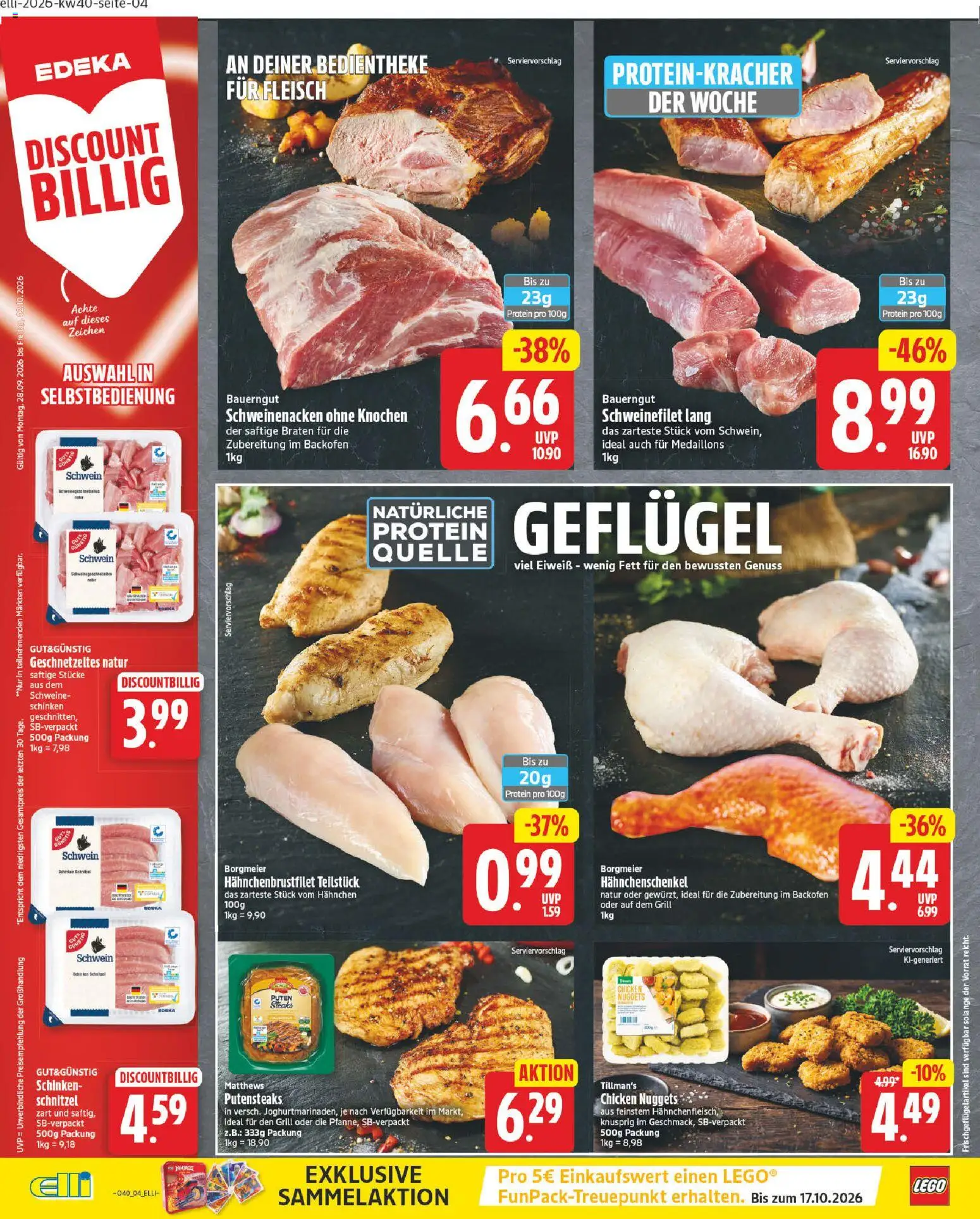 Elli Markt Prospekt Gütersloh – gültig ab 28.09.2026 | Seite: 4 | Produkte: Hahnchenschenkel, Schweinenacken, Schweinenacken ohne Knochen, Schinken