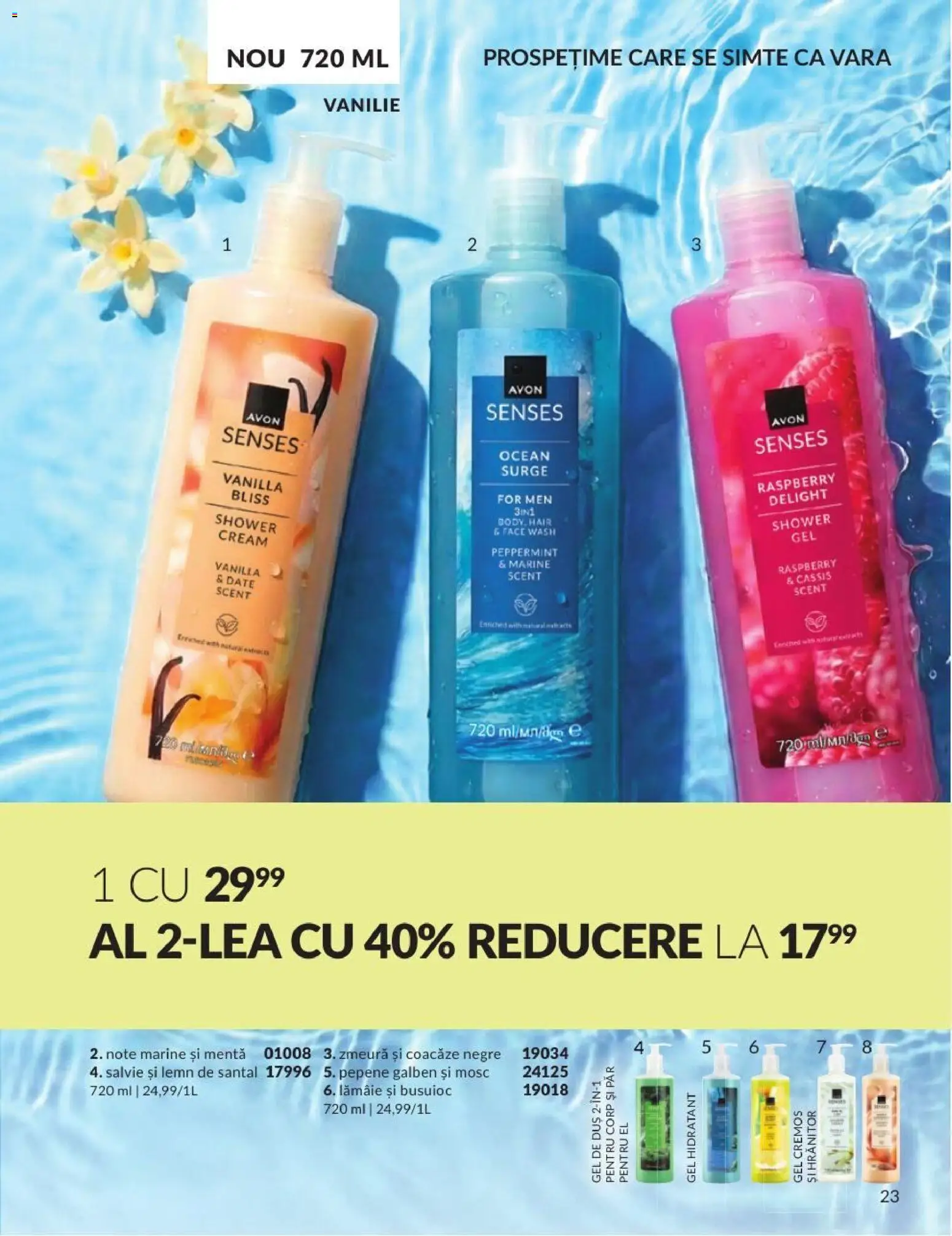 Noul catalog Avon – valabil de la 01.08.2026 | Pagină: 23 | Produse: Pepene Galben, Zmeură, Duș, Gel de duș