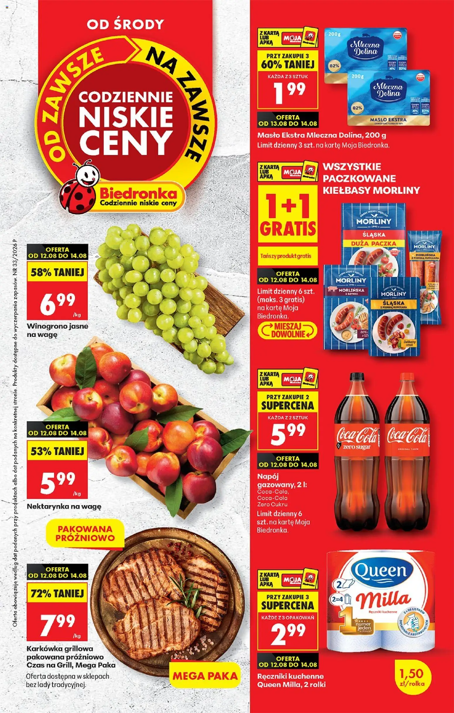 Biedronka gazetka od środy od 12.08.2026 | Strona: 1 | Produkty: Karta, Winogrono, Rolki, Masło