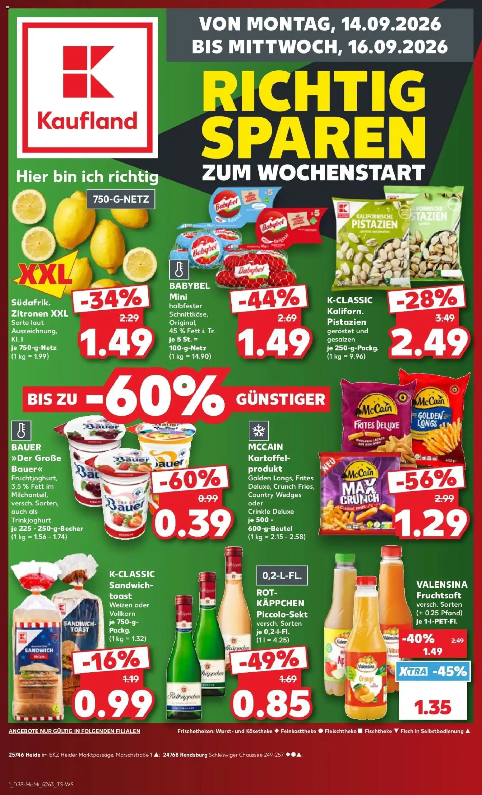 Prospekt Kaufland ab 14.09.2026 » Angebote Online zum Blättern | Seite: 1 | Produkte: McCain, Wurst, Babybel, Fruchtsaft