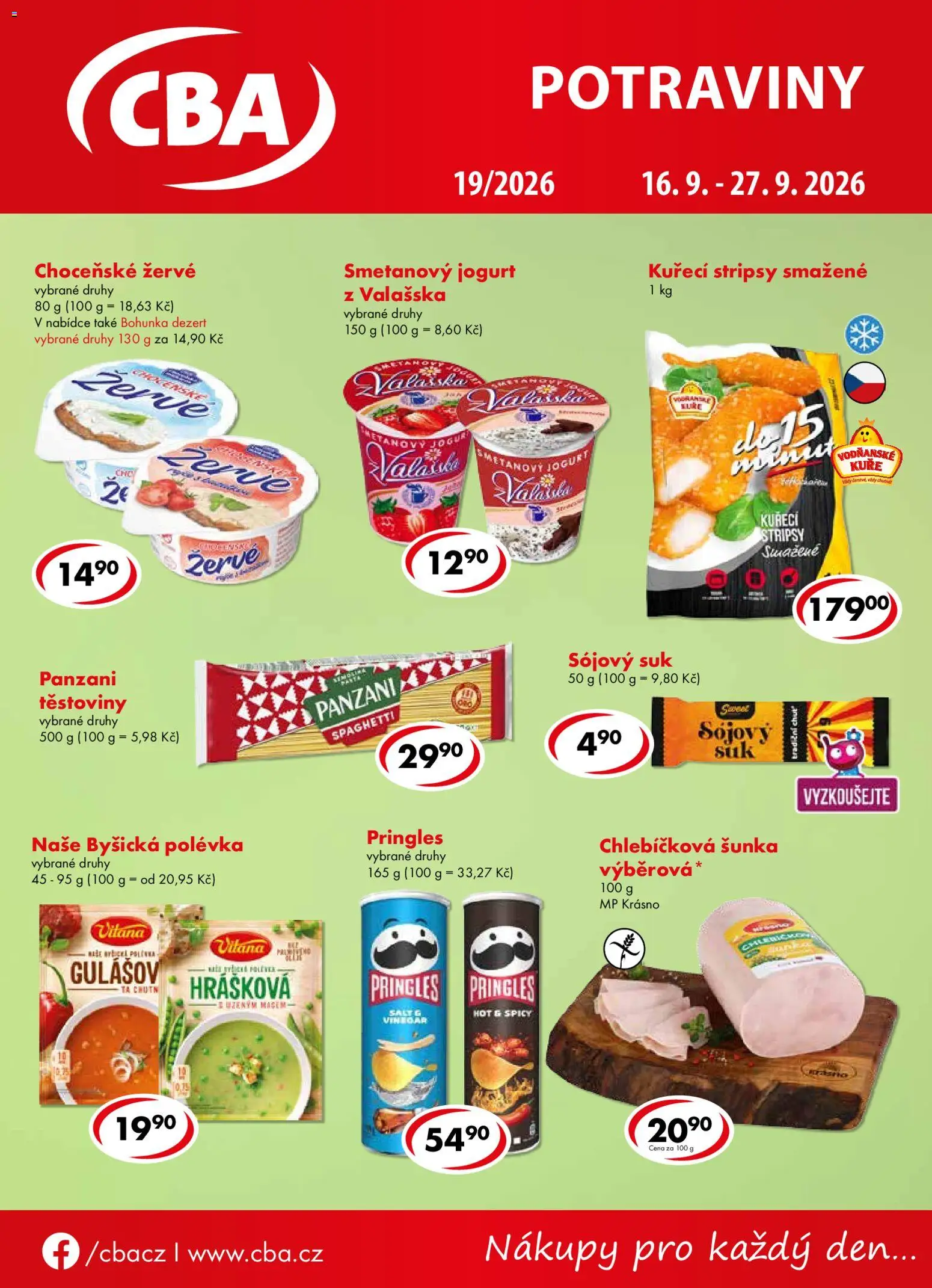 CBA leták od 16.09.2026 | Strana: 1 | Produkty: Těstoviny, Žervé, Kuřecí stripsy, Dezert