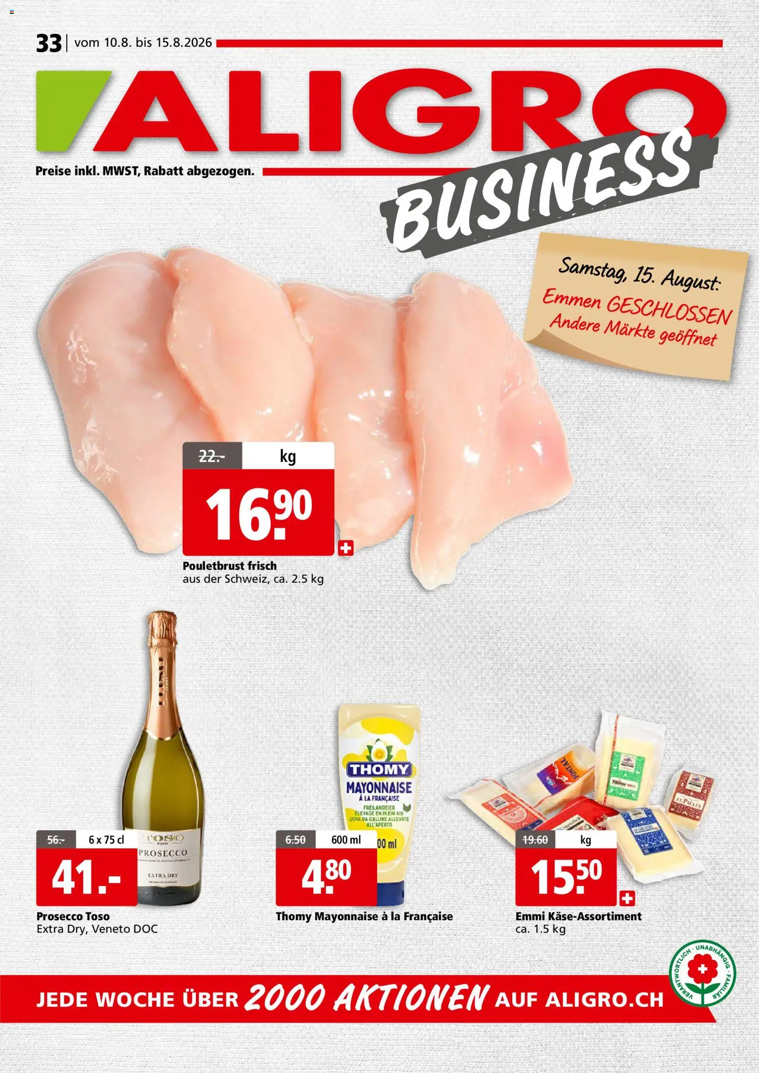 Aligro aktionen Business Schlieren, Gossau SG, Frauenfeld, Rapperswil-Jona, Sargans, Bern – gültig ab 10.08.2026 | Seite: 1 | Produkte: Pouletbrust, Prosecco, Mayonnaise