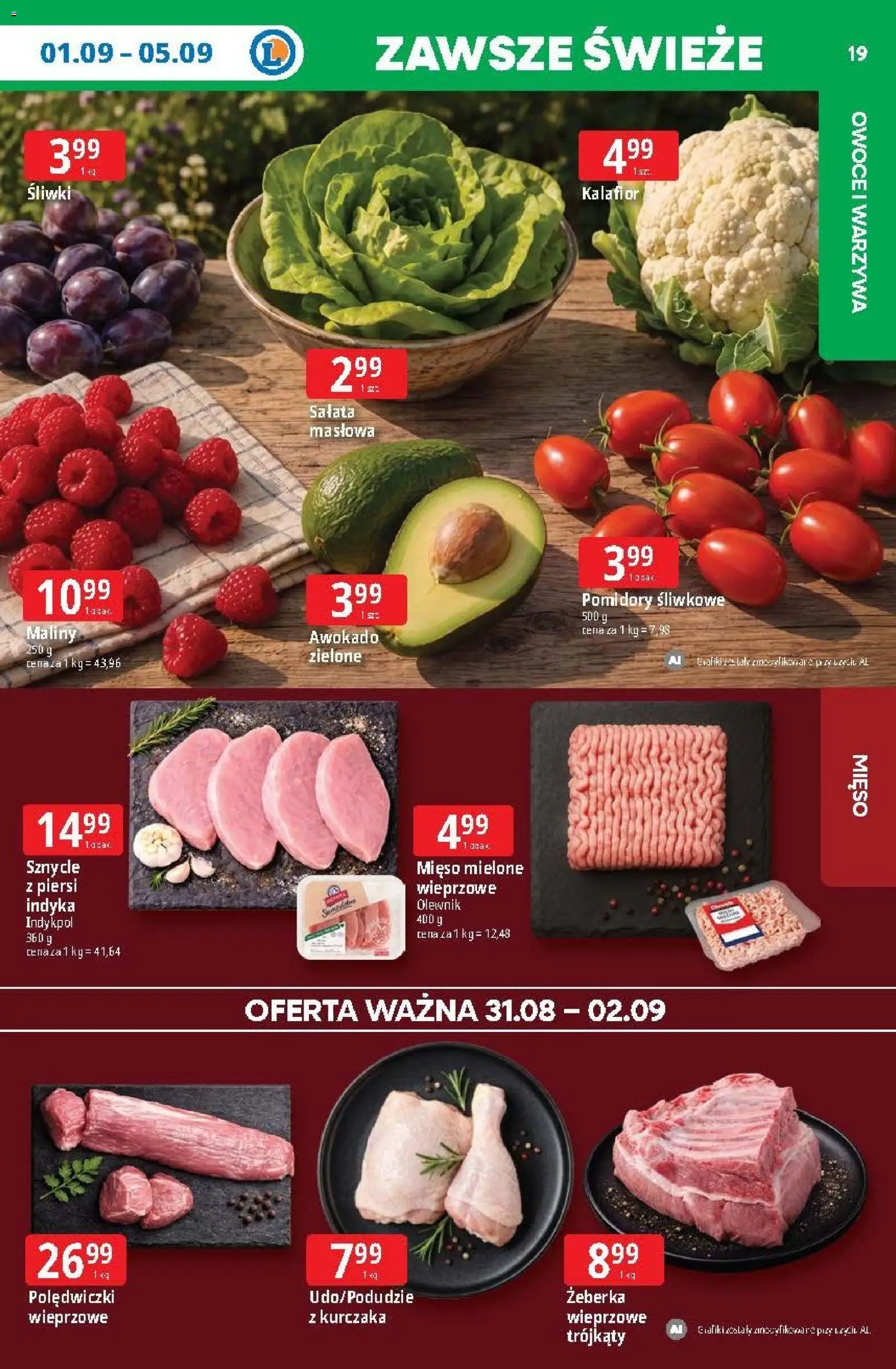 E.Leclerc gazetka od 31.08.2026 | Strona: 19 | Produkty: Kalafior, Żeberka wieprzowe, Mięso mielone, Owoce