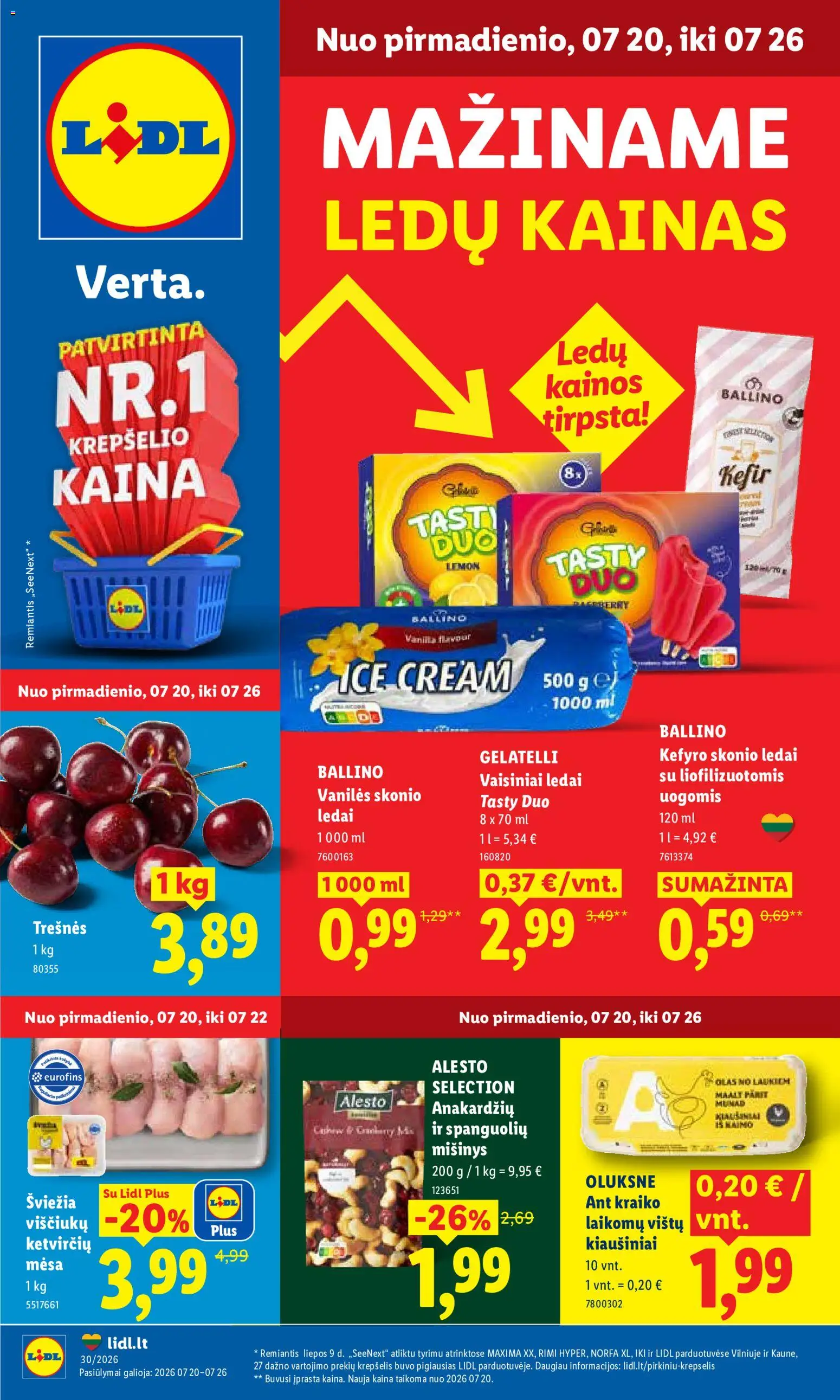 LIDL akcijos nuo 2026.07.20 | Puslapis: 1 | Prekių: Ledai, Viščiukų, Kiaušiniai, Krepšelis