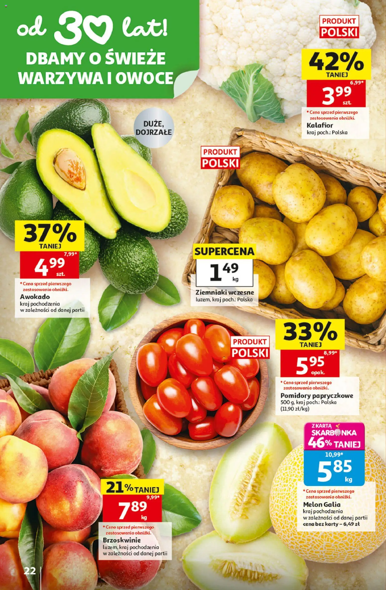 Auchan gazetka - 30 Lat Hipermarket od 18.06.2026 | Strona: 22 | Produkty: Karta, Pomidory papryczkowe, Ziemniaki, Owoce