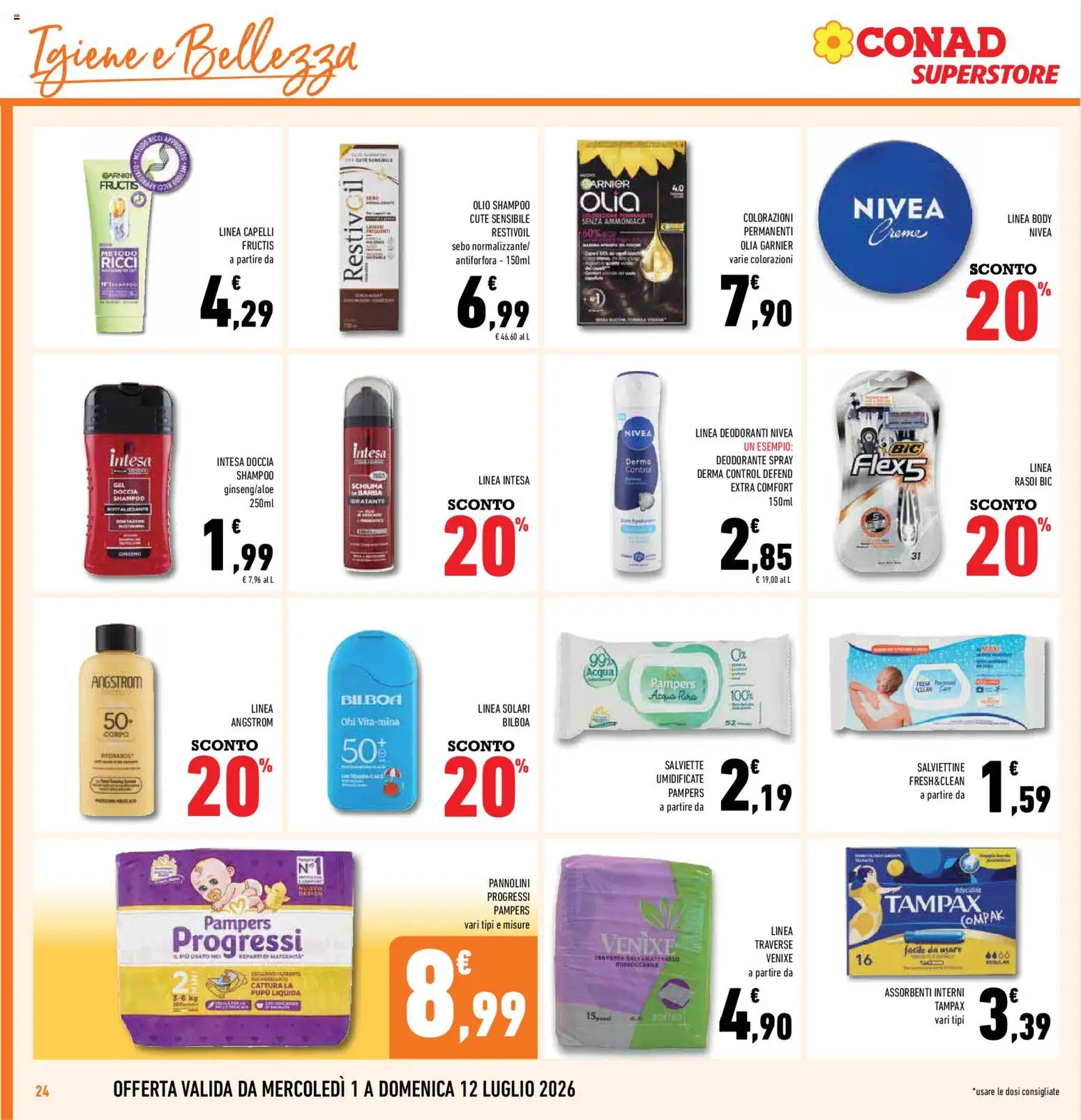 Volantino Conad del 01/07/2026 | Pagina: 24 | Prodotti: Shampoo, Pannolini, Olio, Doccia