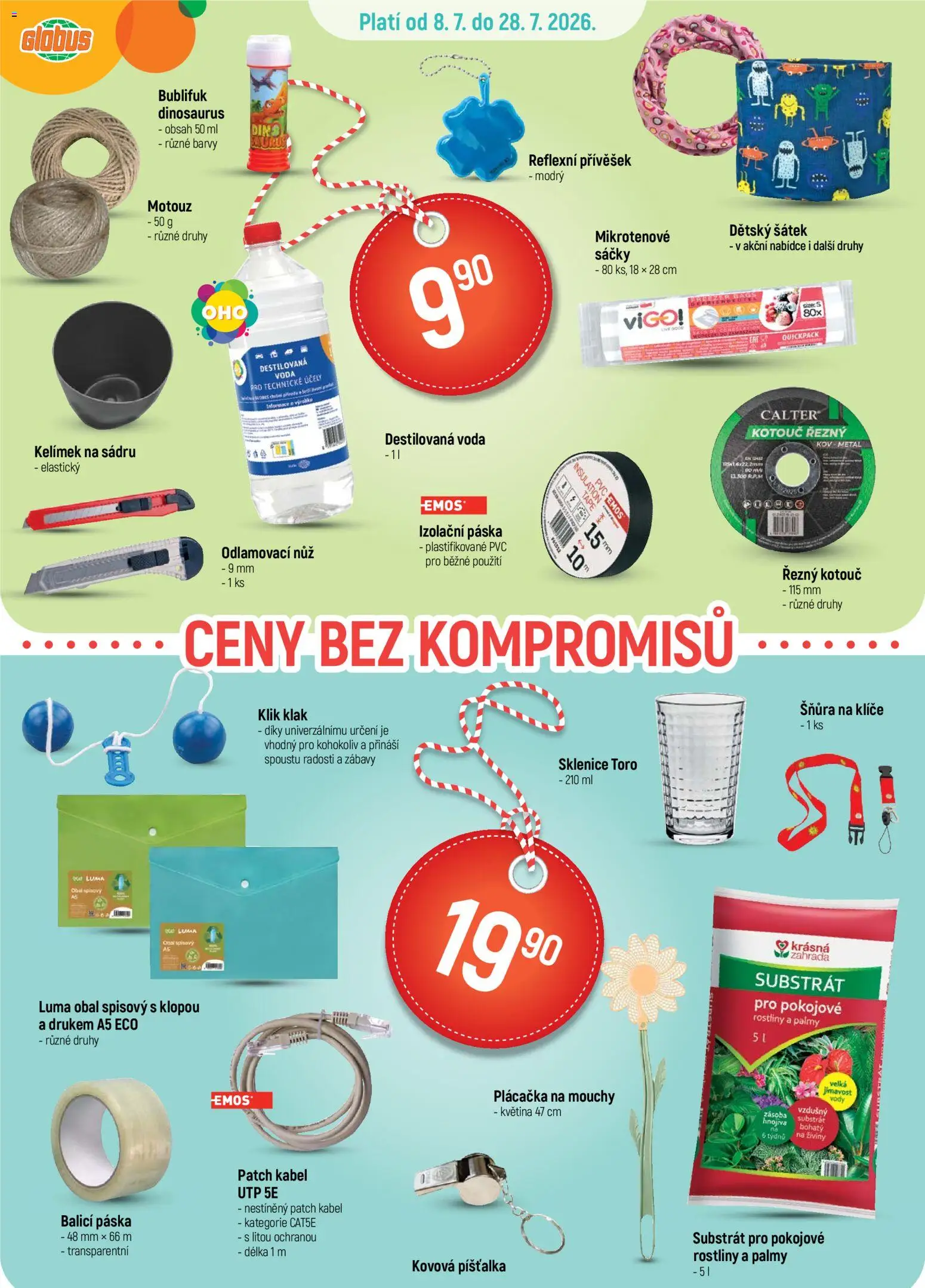 Globus leták - Ceny bez kompromisů od 08.07.2026 | Strana: 1 | Produkty: Voda, Šátek, Kabel, Barvy