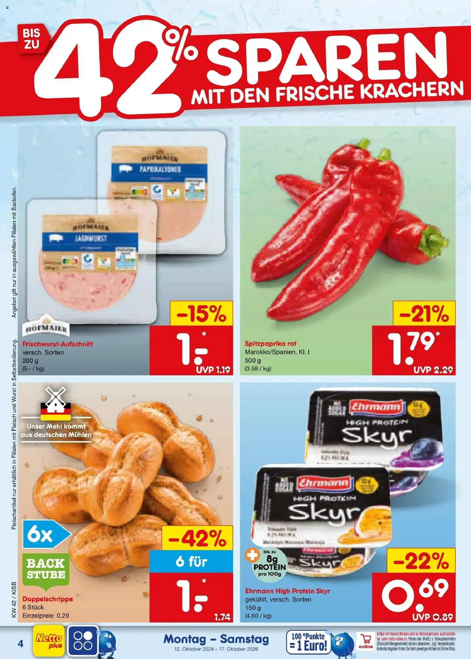 Netto Marken-Discount Prospekt – gültig ab 12.10.2026 | Seite: 4 | Produkte: Mehl, Skyr, Wurst, Fleisch