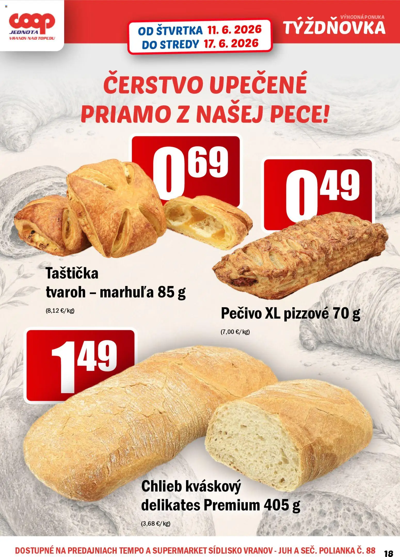 Nové COOP Jednota akcie – leták je platný od 11.06.2026 | Strana: 18 | Produkty: Chlieb, Tvaroh