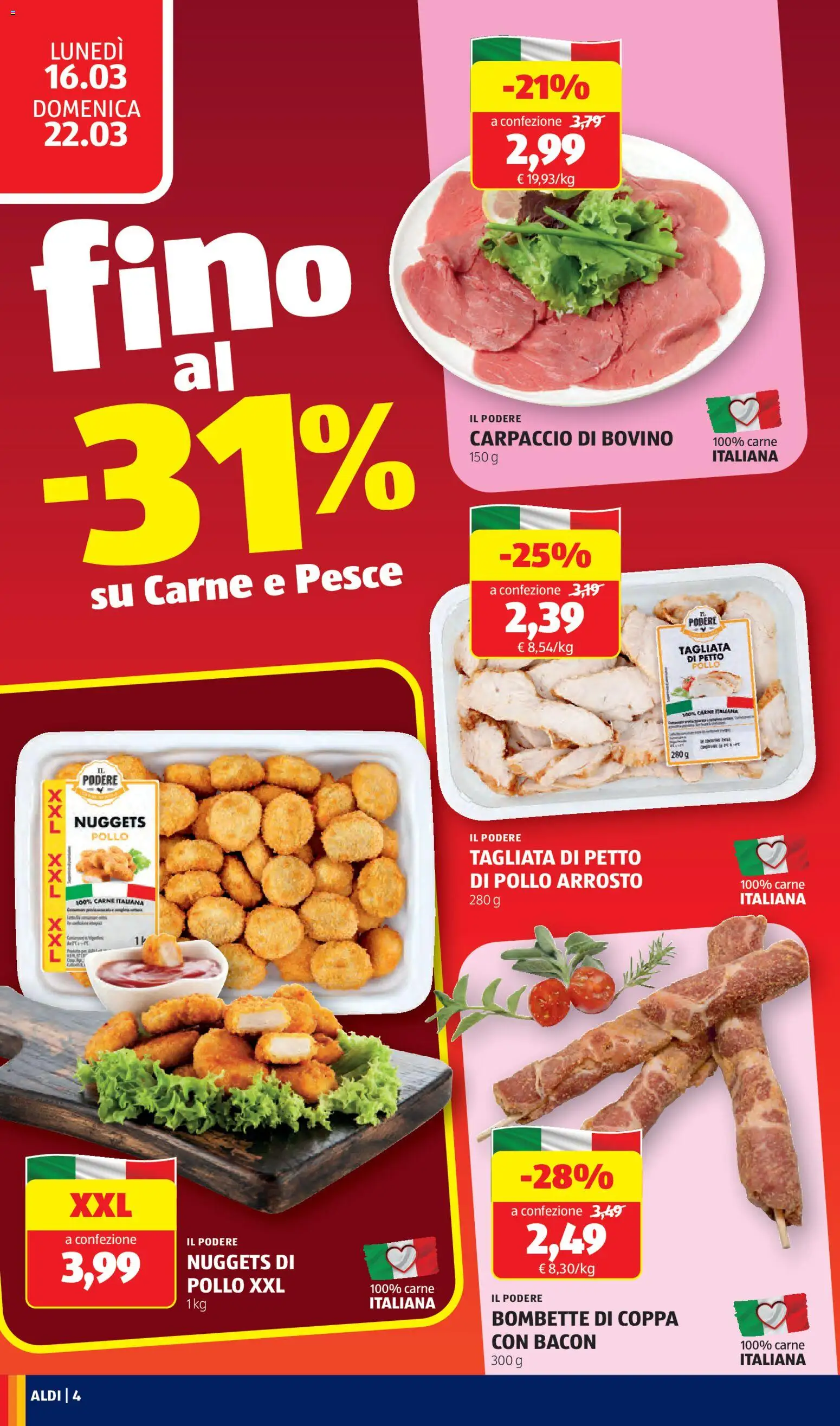 Volantino Aldi del 16.03.2026 | Pagina: 4 | Prodotti: Bovino, Petto di Pollo, Pollo, Pesce