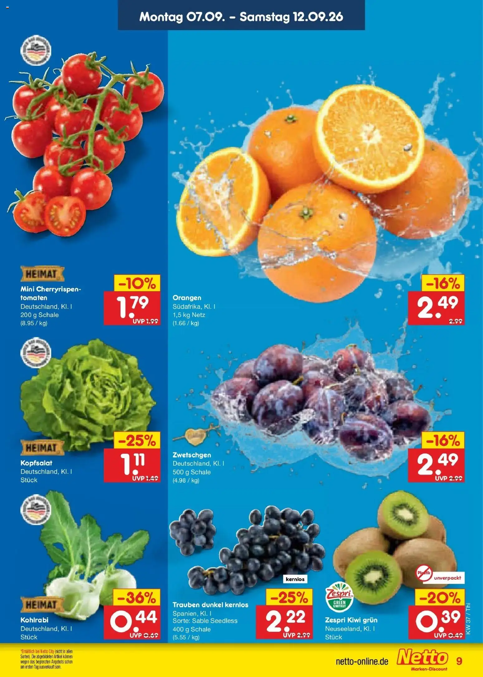 Netto Marken-Discount Prospekt Pirna – gültig ab 07.09.2026 | Seite: 15 | Produkte: Trauben, Orangen, Tomaten, Zwetschgen