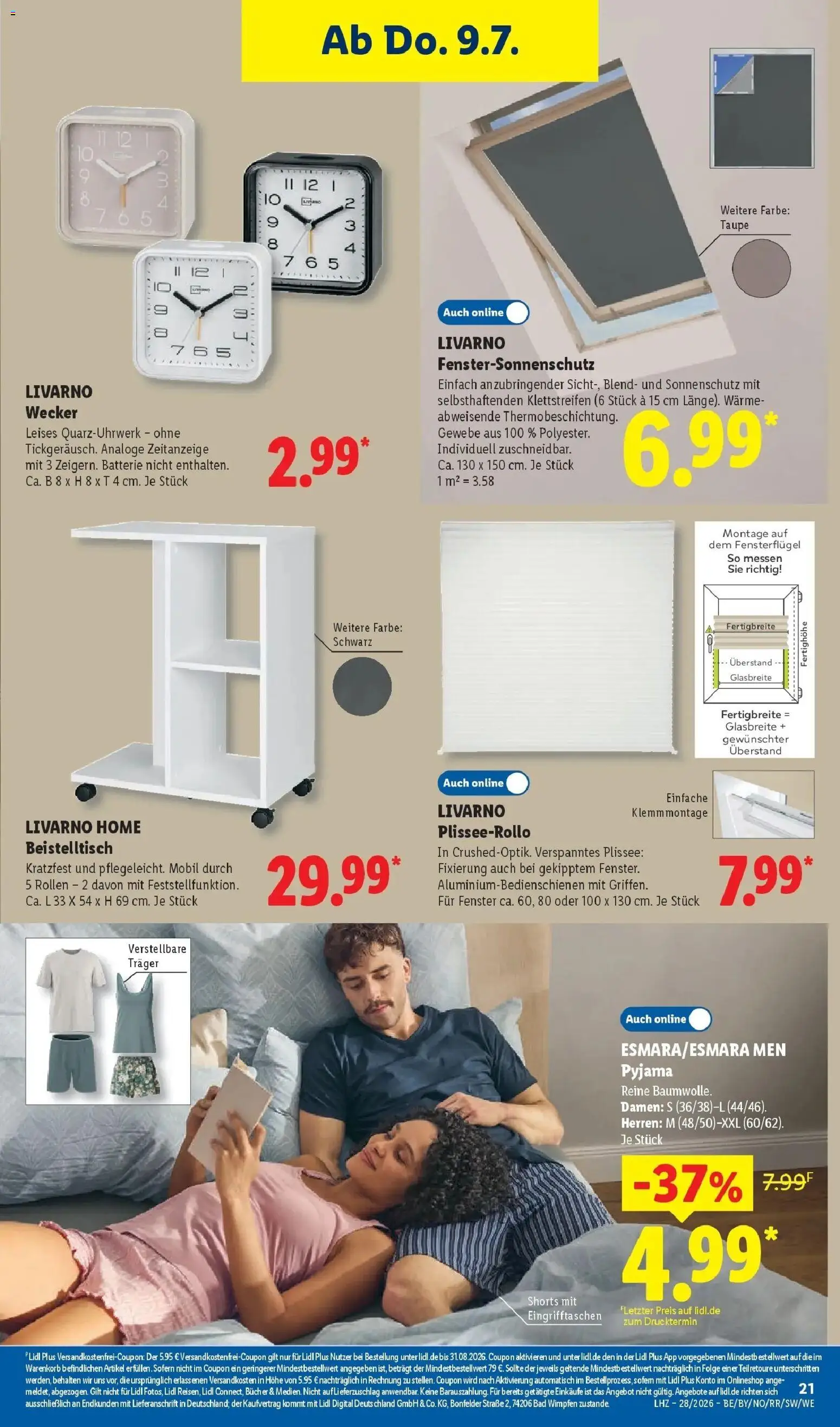 Lidl Prospekt Plettenberg – gültig ab 06.07.2026 | Seite: 39 | Produkte: Beistelltisch, Batterie, Pyjama, Wecker