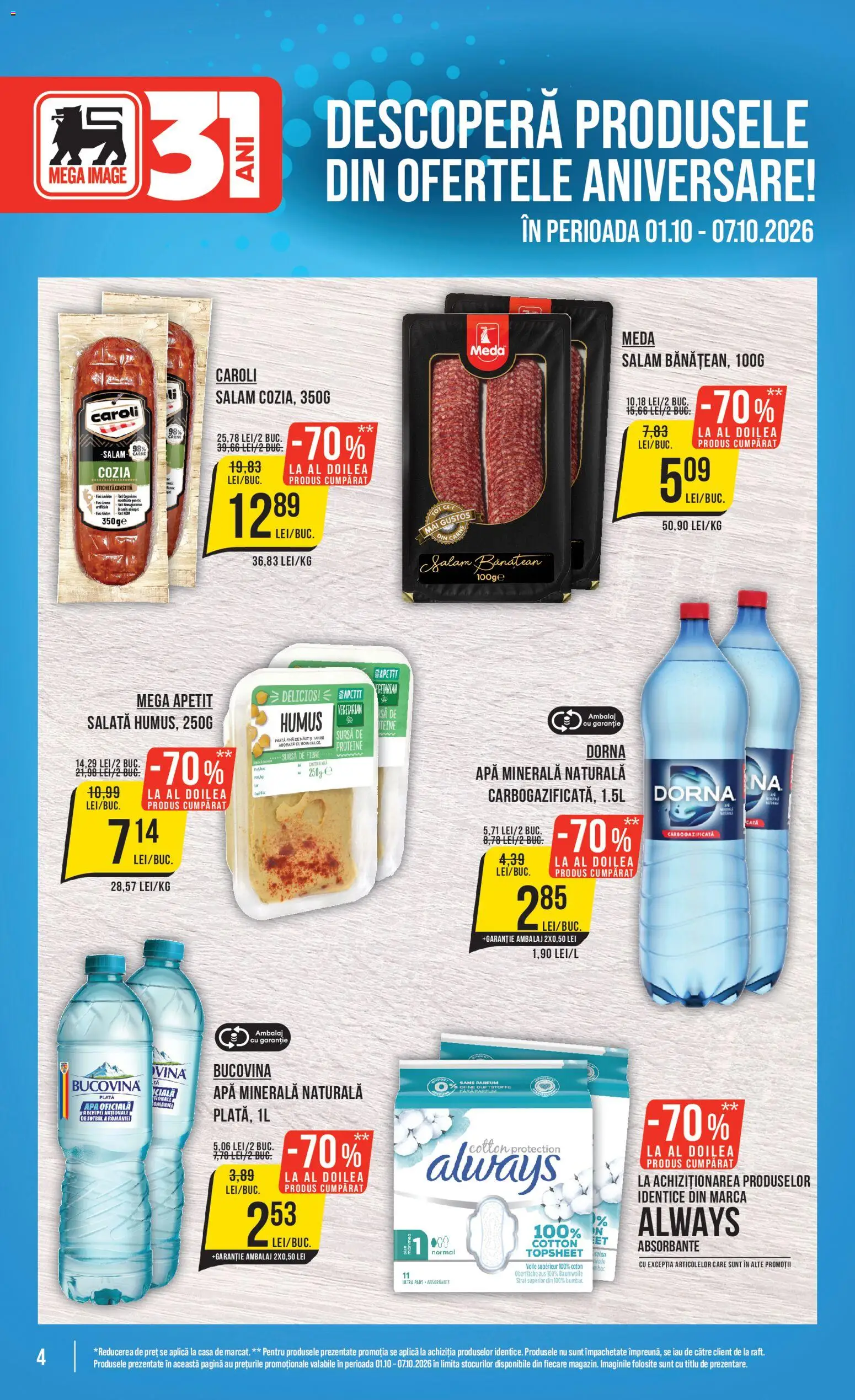 Noul catalog Mega Image – valabil de la 01.10.2026 | Pagină: 4 | Produse: Proteine, Apa minerala, Salam, Salată