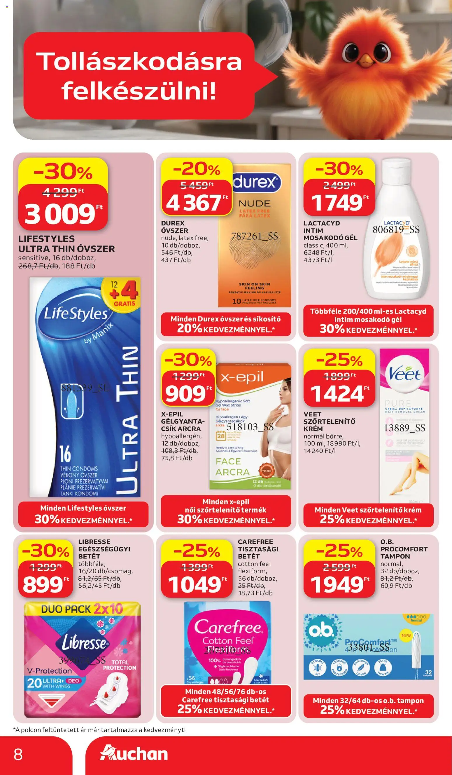 Auchan akciós ujság - amely érvényes a következő dátumtól: 2026.07.02. | Oldal: 8 | Termékek: Törlőkendő, Tisztasági betét, Szőrtelenítő, Szőrtelenítő krém