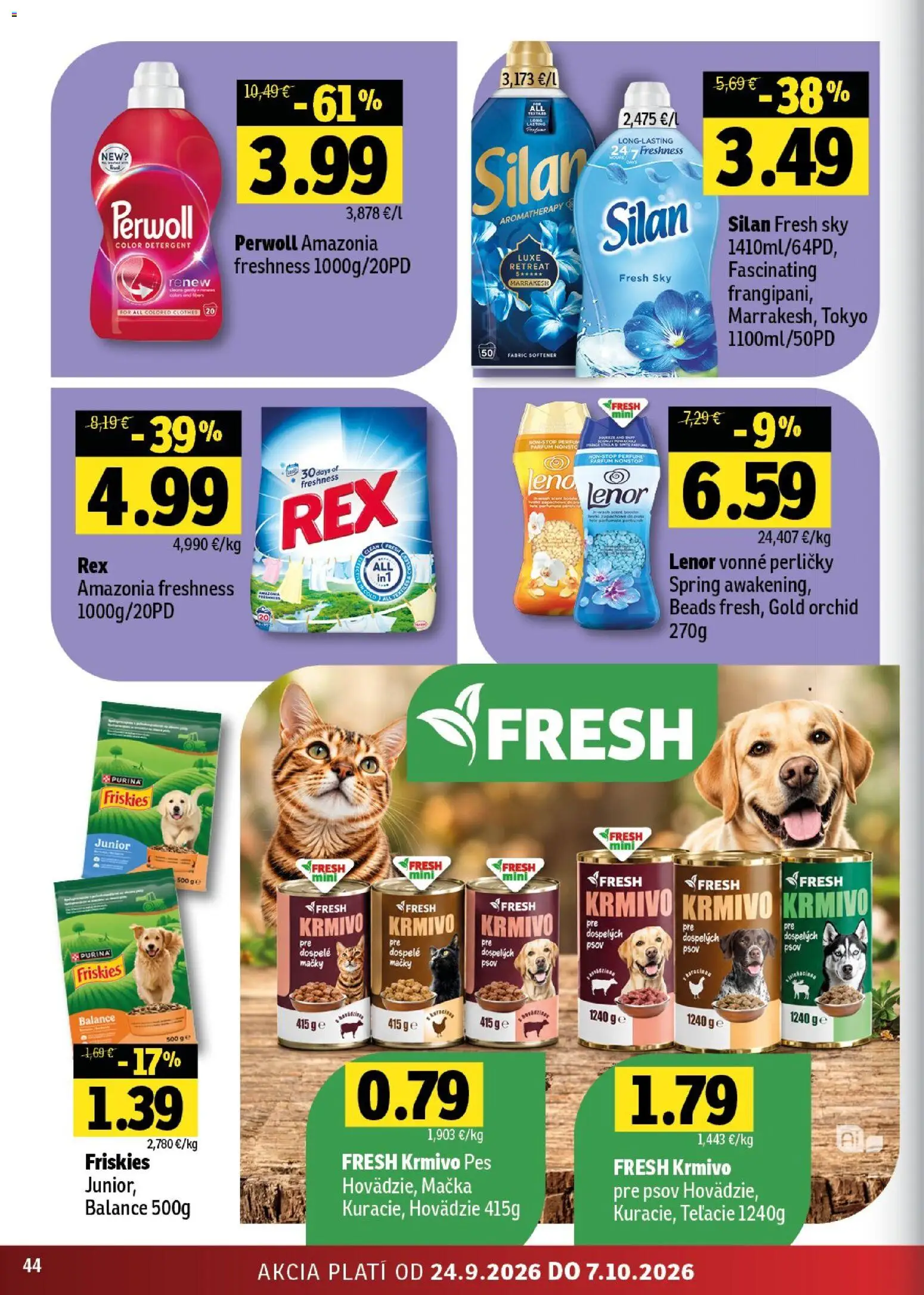 Nové Fresh akcie – leták je platný od 24.09.2026 | Strana: 44 | Produkty: Friskies, Perwoll, Silan, Lenor