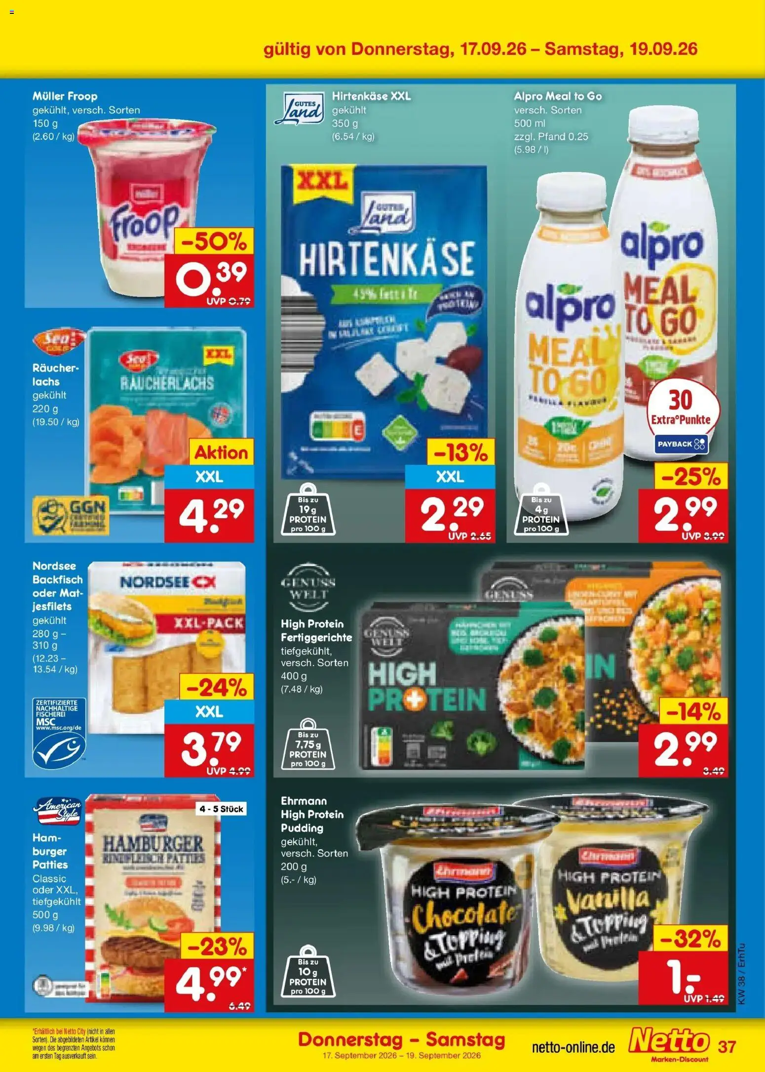 Netto Marken-Discount Prospekt Velden – gültig ab 14.09.2026 | Seite: 51 | Produkte: High protein pudding, Burger, Pudding, Rindfleisch