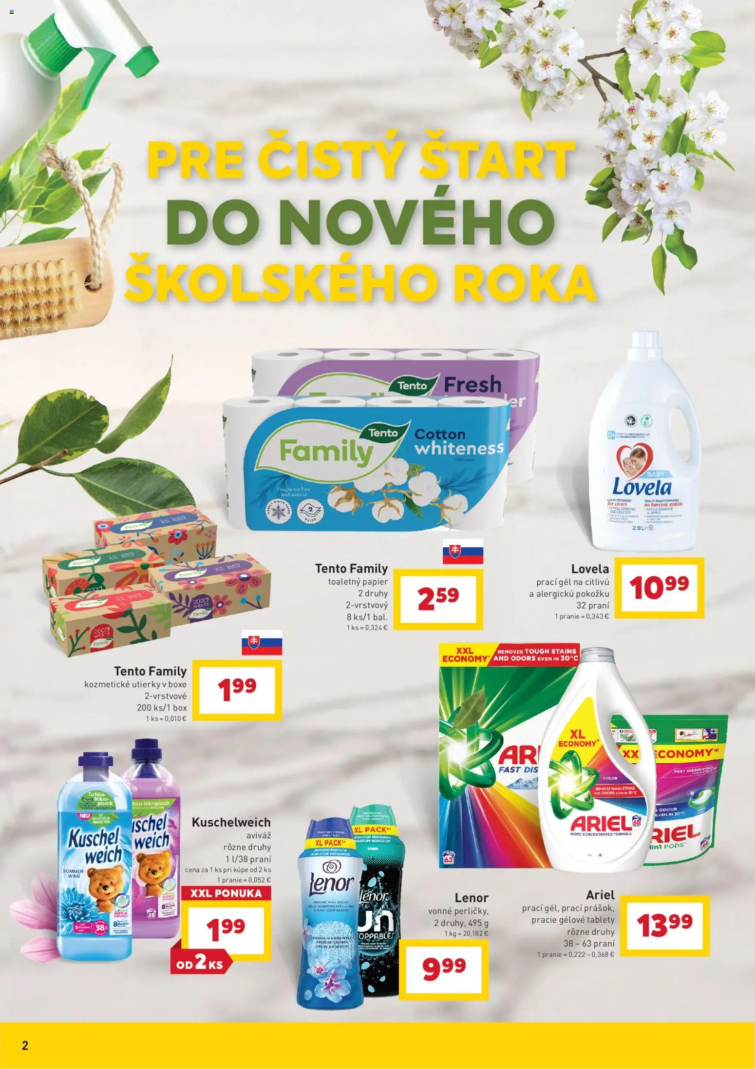 Nové Billa akcie – leták je platný od 29.07.2026 | Strana: 2 | Produkty: Toaletný papier, Aviváž, Ariel, Lenor