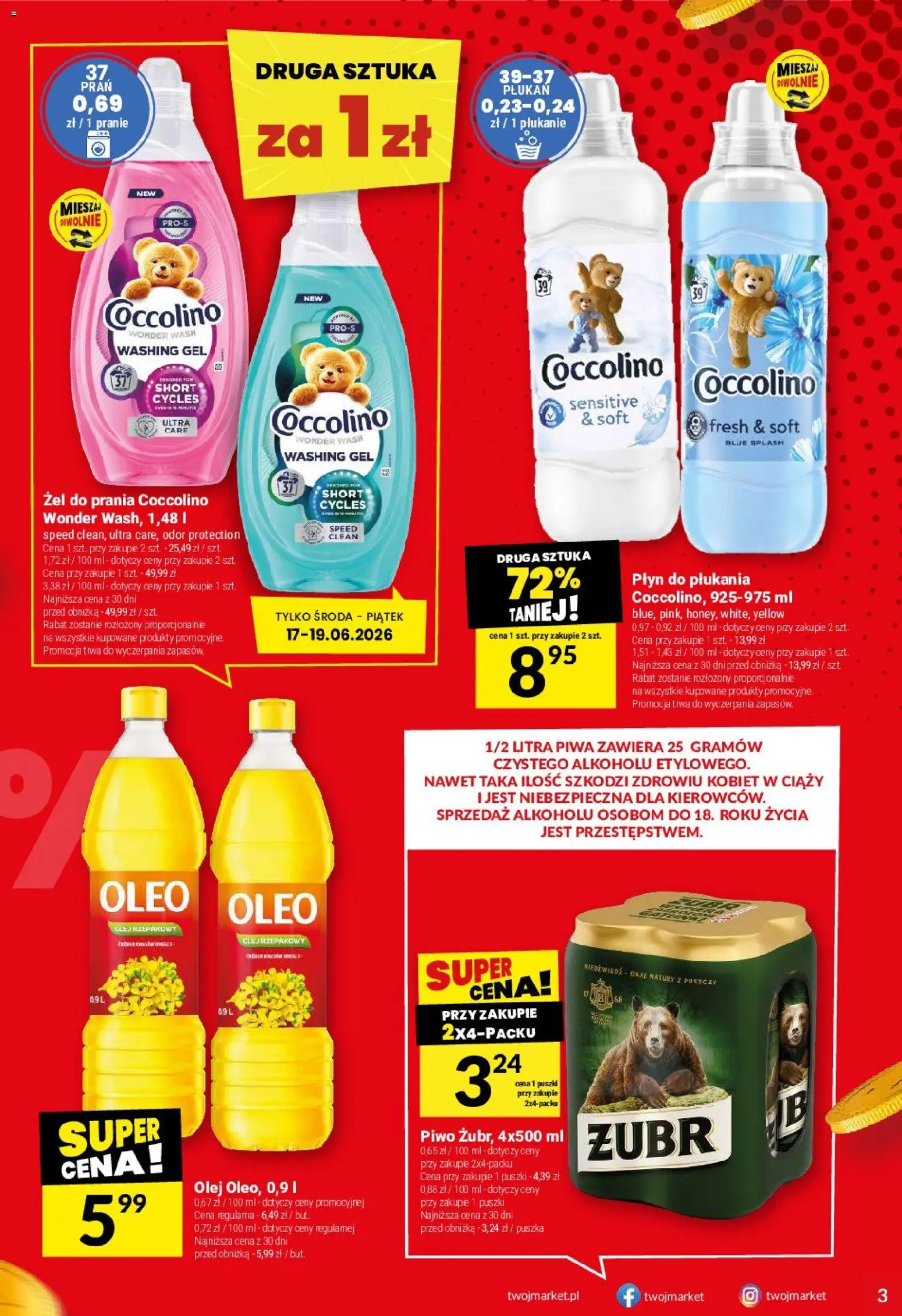 Twój Market gazetka od 17.06.2026 | Strona: 3 | Produkty: Coccolino, Olej, Piwo