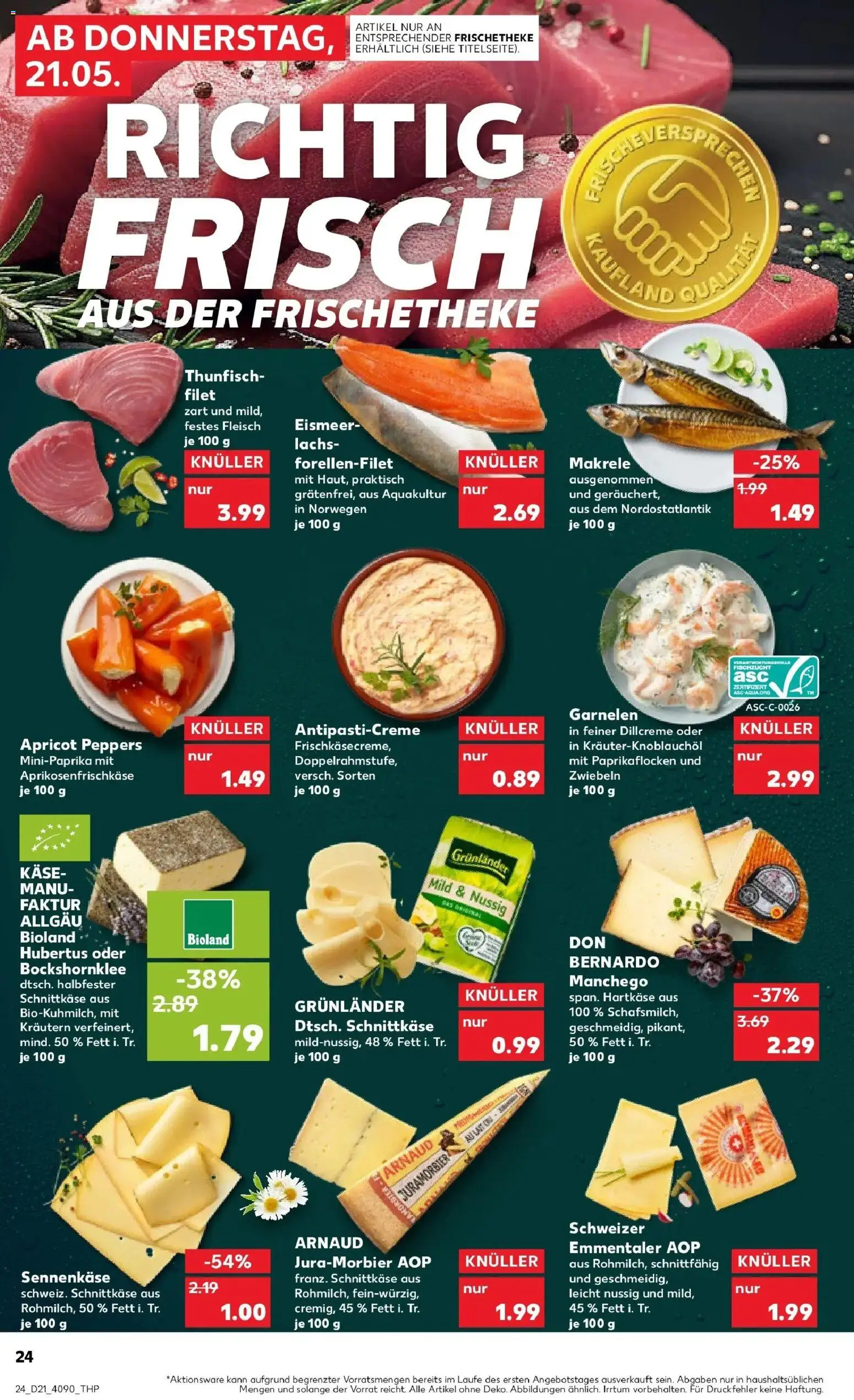 Kaufland Prospekt Ansbach – gültig ab 21.05.2026 | Seite: 24 | Produkte: Käse, Garnelen, Zwiebeln, Grunlander