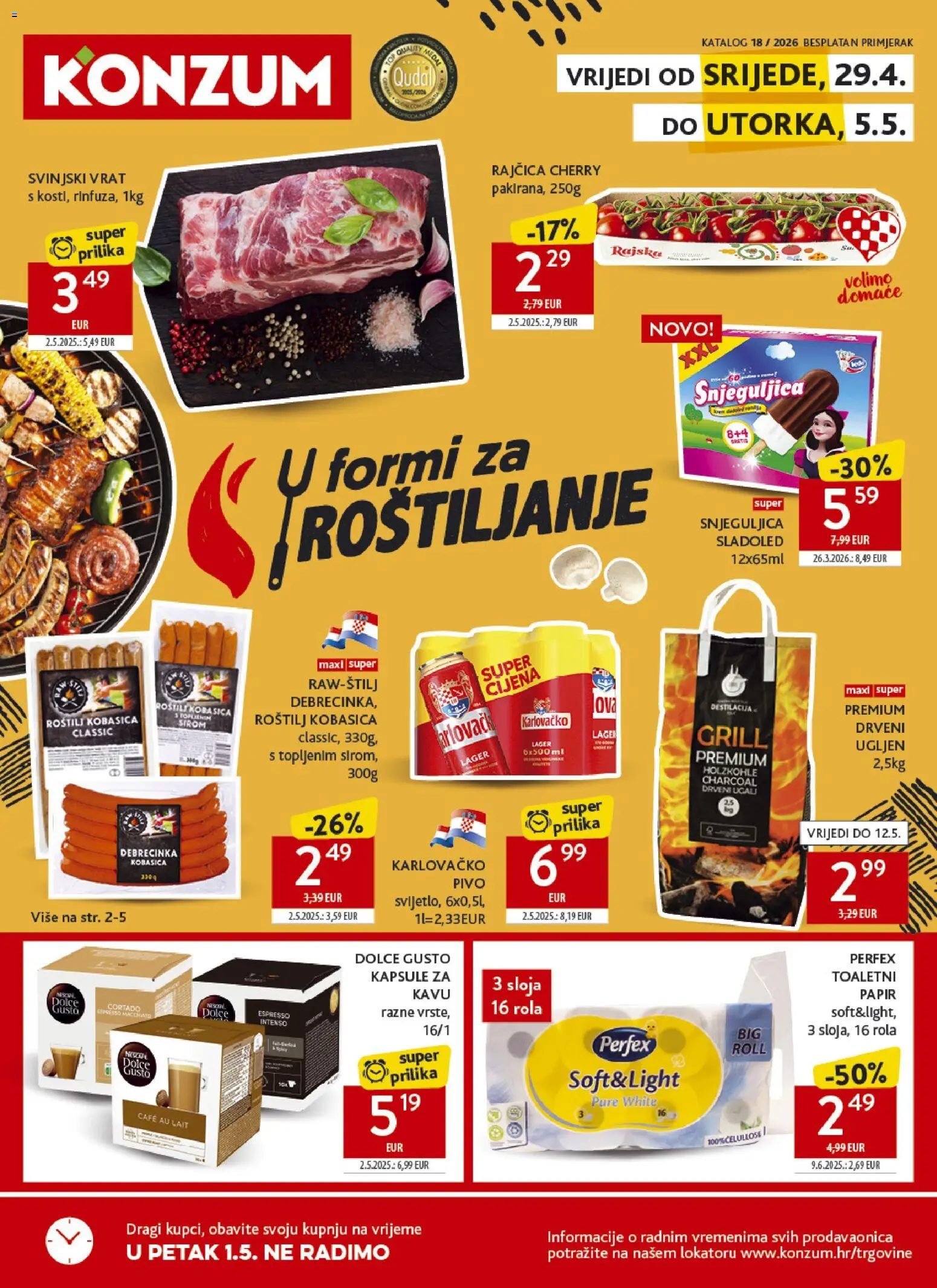 Konzum katalog | vrijedi od 29.04.2026 | Stranica: 1 | Proizvodi: Svinjski vrat, Sladoled, Kapsule za kavu, Dolce Gusto kapsule