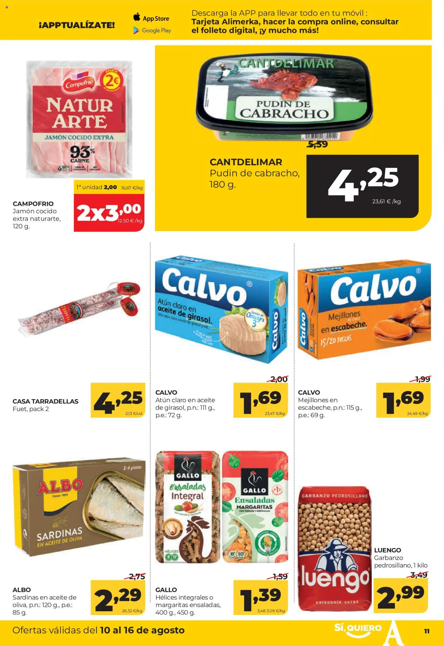 Alimerka folleto │ válido desde el 10/08/2026 | Página: 11 | Productos: Pudín, Jamón cocido, Móvil, Atún claro