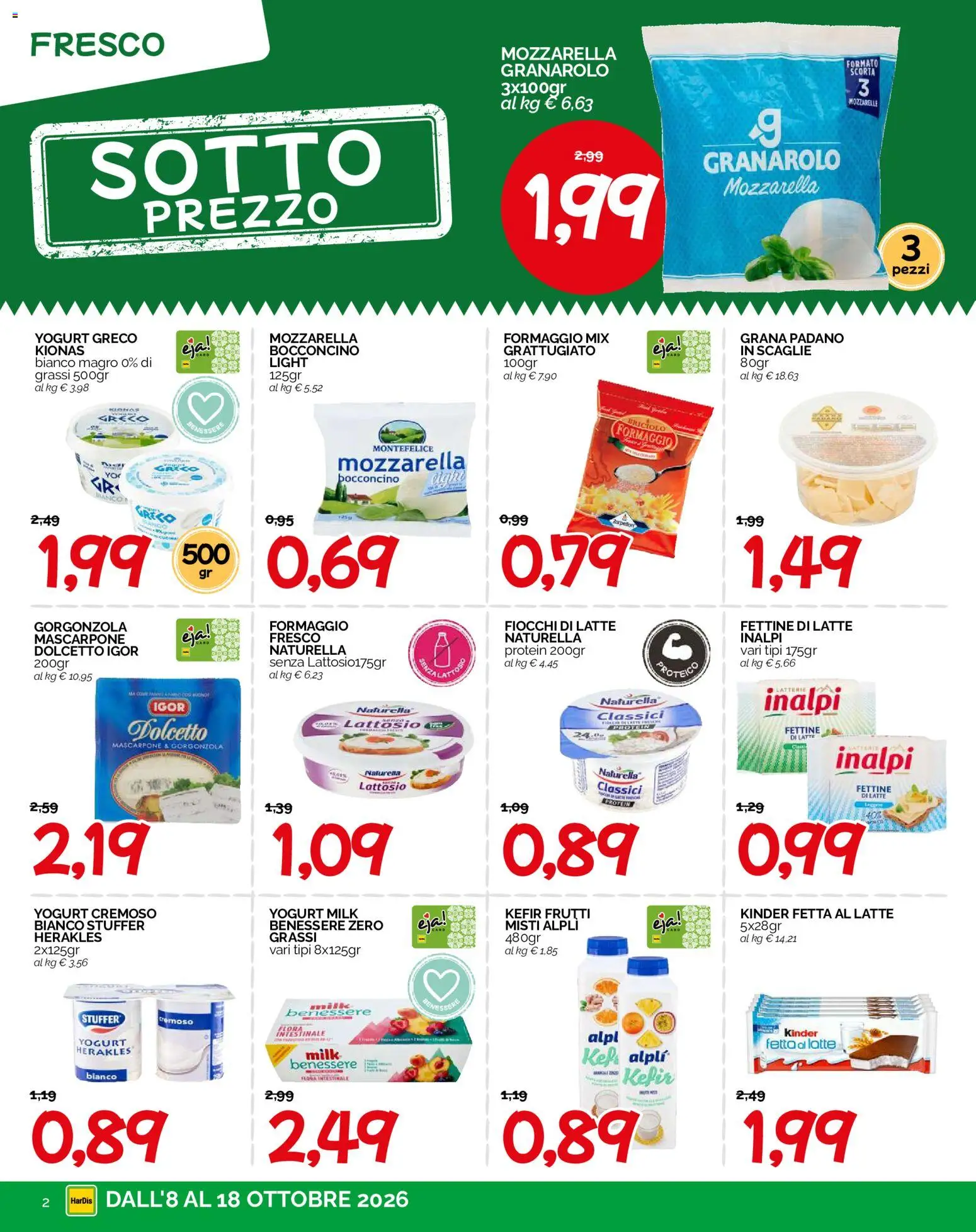 Volantino HarDis del 08/10/2026 | Pagina: 2 | Prodotti: Kefir, Fiocchi di latte, Grana Padano, Yogurt cremoso