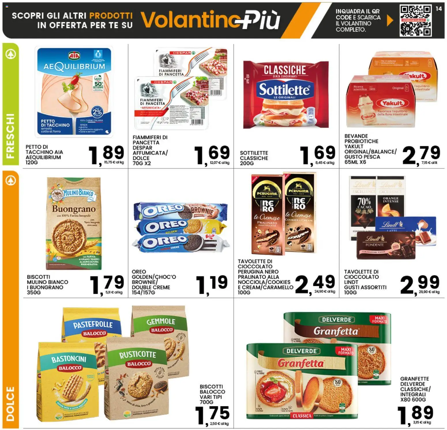 Volantino Interspar del 27.05.2026 | Pagina: 14 | Prodotti: Pancetta, Biscotti, Pesca, Cacao
