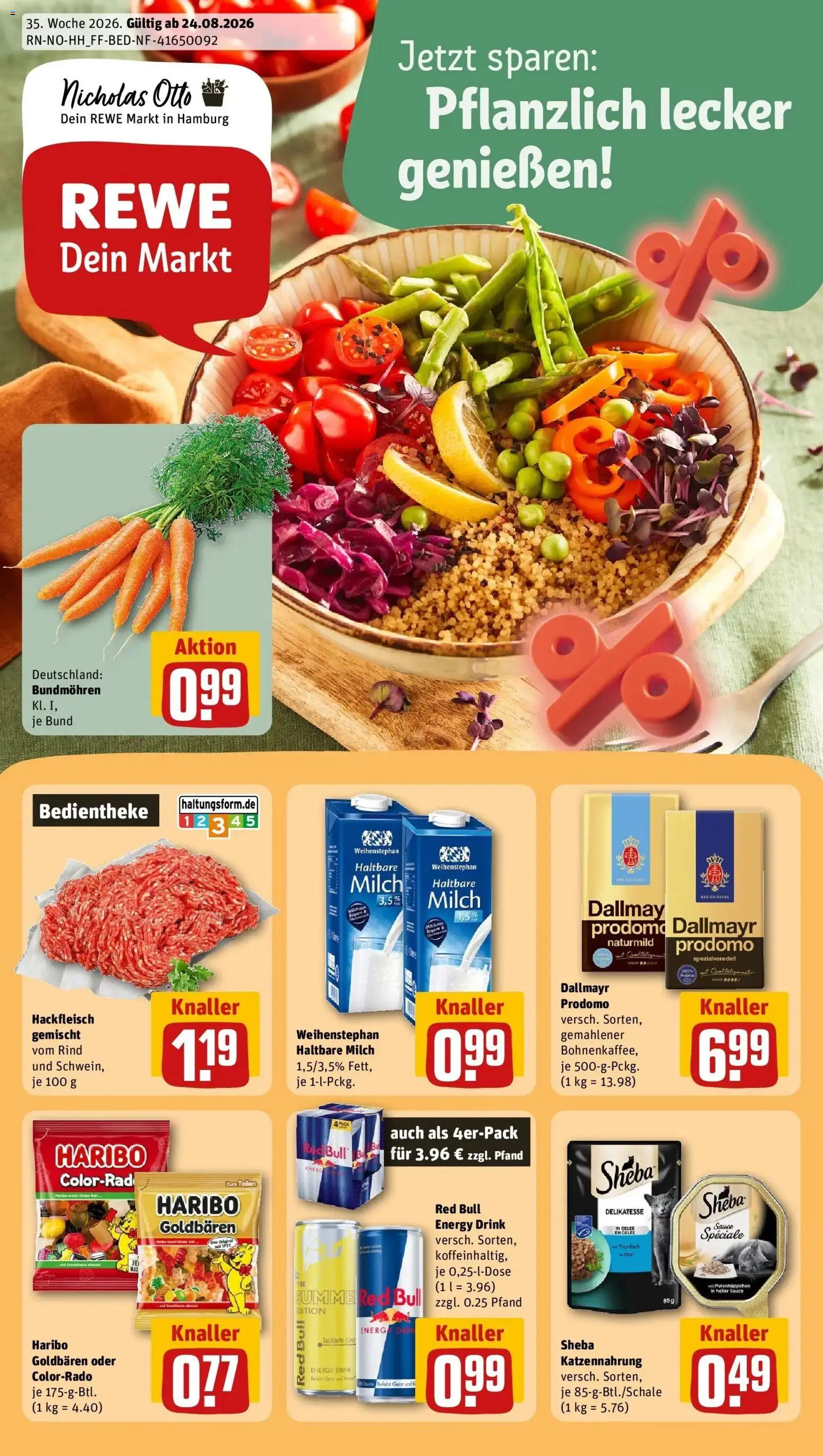 REWE Prospekt ab 24.08.2026 zum Blättern » Angebote | Seite: 1 | Produkte: Red bull, Energy, Haltbare milch, Hackfleisch