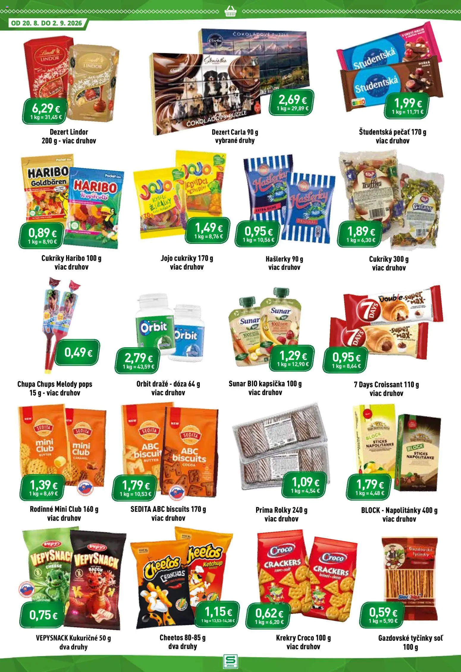 Nové Sintra akcie – leták je platný od 20.08.2026 | Strana: 8 | Produkty: Lindor, Sunar, Cukríky, Dezert