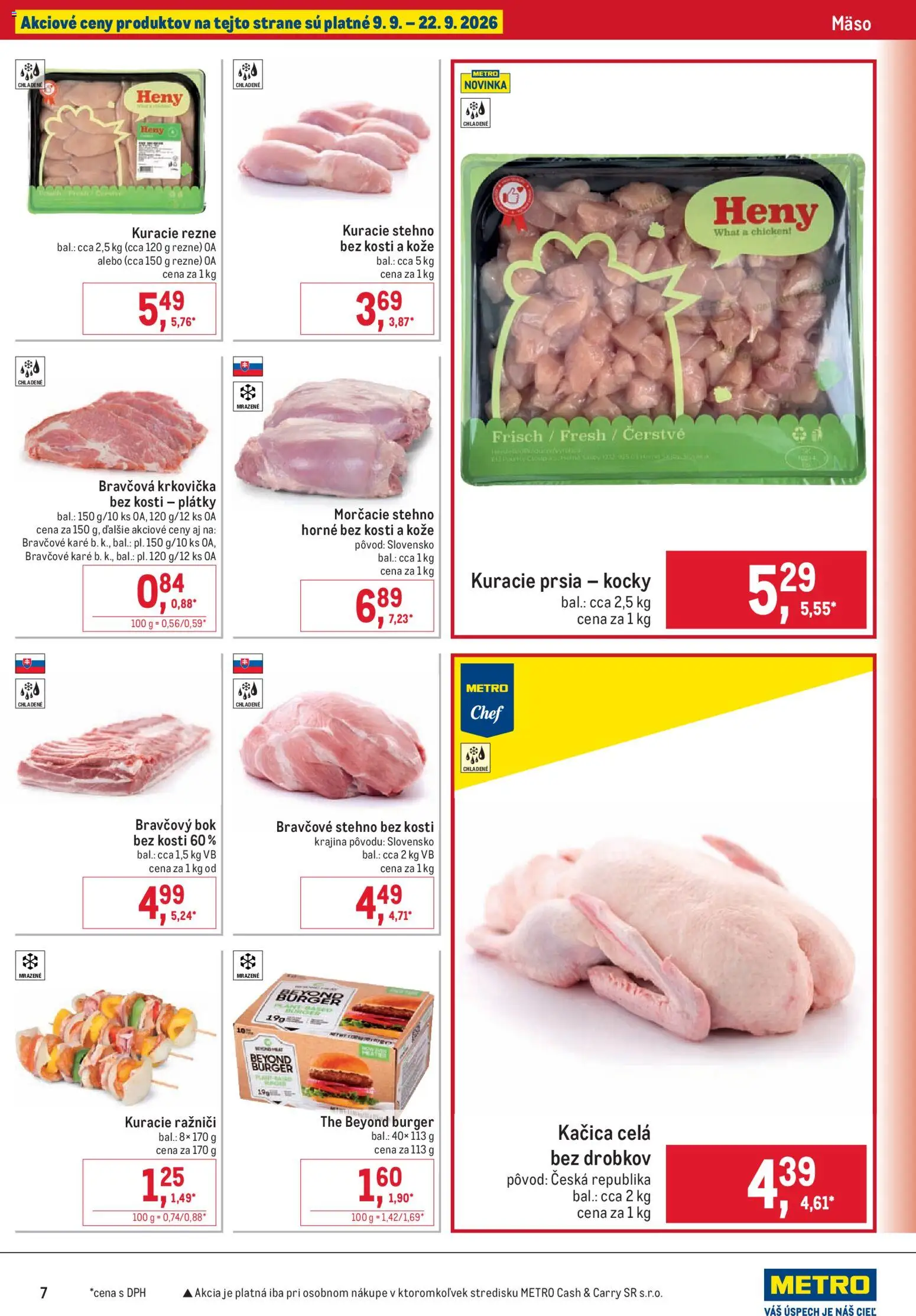 Nové Metro akcie – leták je platný od 09.09.2026 | Strana: 7 | Produkty: Bravčové stehno, Bravčový bok bez kosti, Kačica, Bravčové karé
