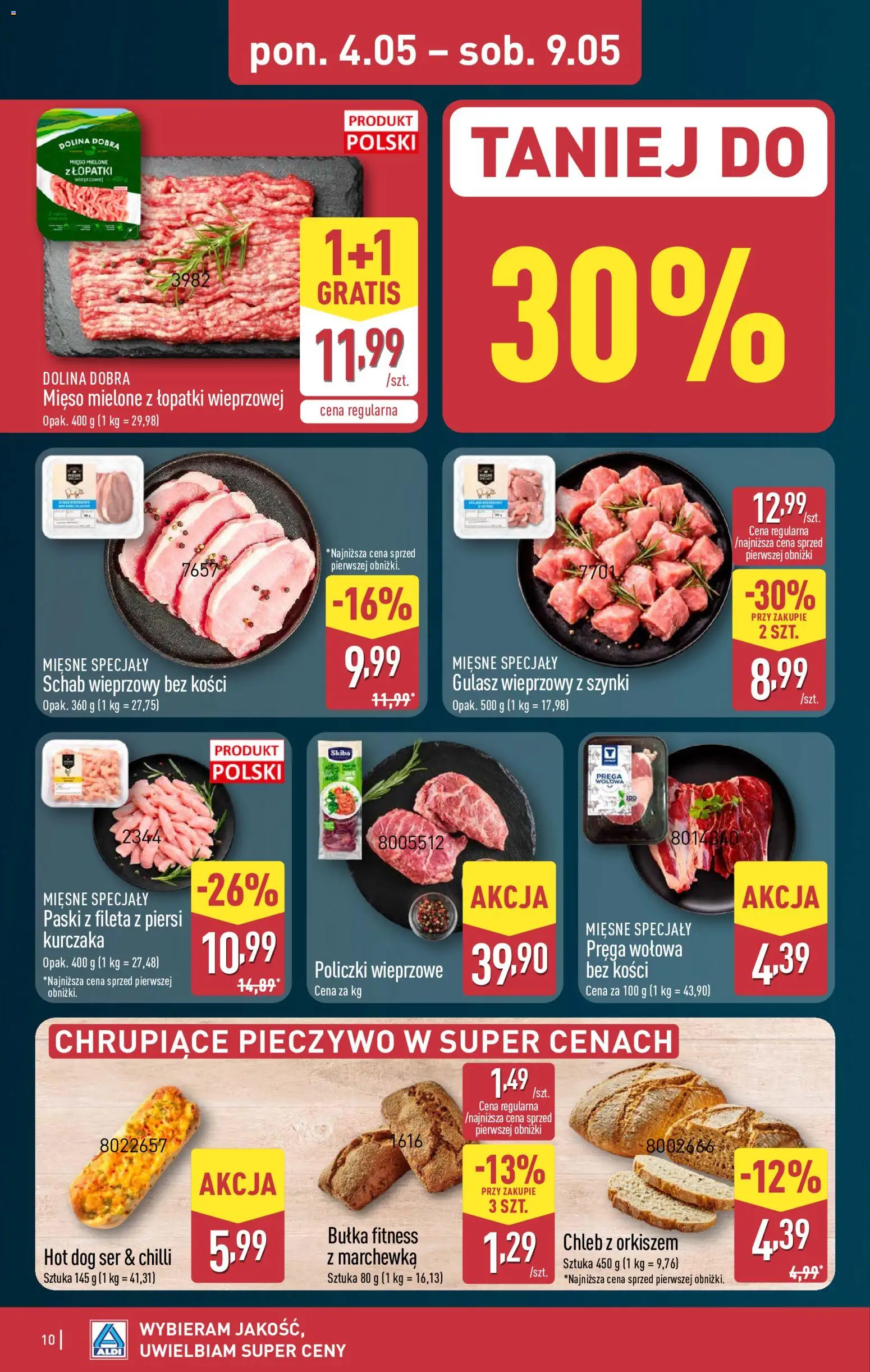 Aldi gazetka od 04.05.2026 | Strona: 10 | Produkty: Piersi, Schab wieprzowy bez kości, Bułka, Gulasz
