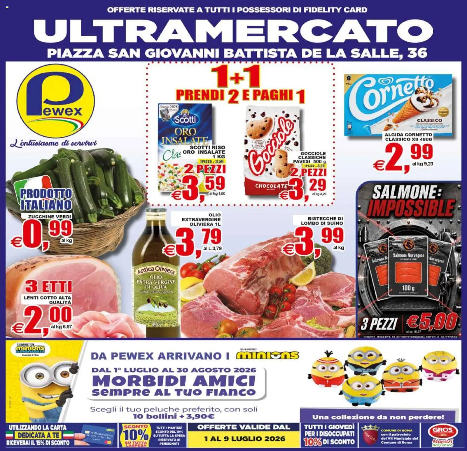 Volantino Pewex del 01/07/2026 | Pagina: 1 | Prodotti: Peluche, Salmone, Suino, Zucchine