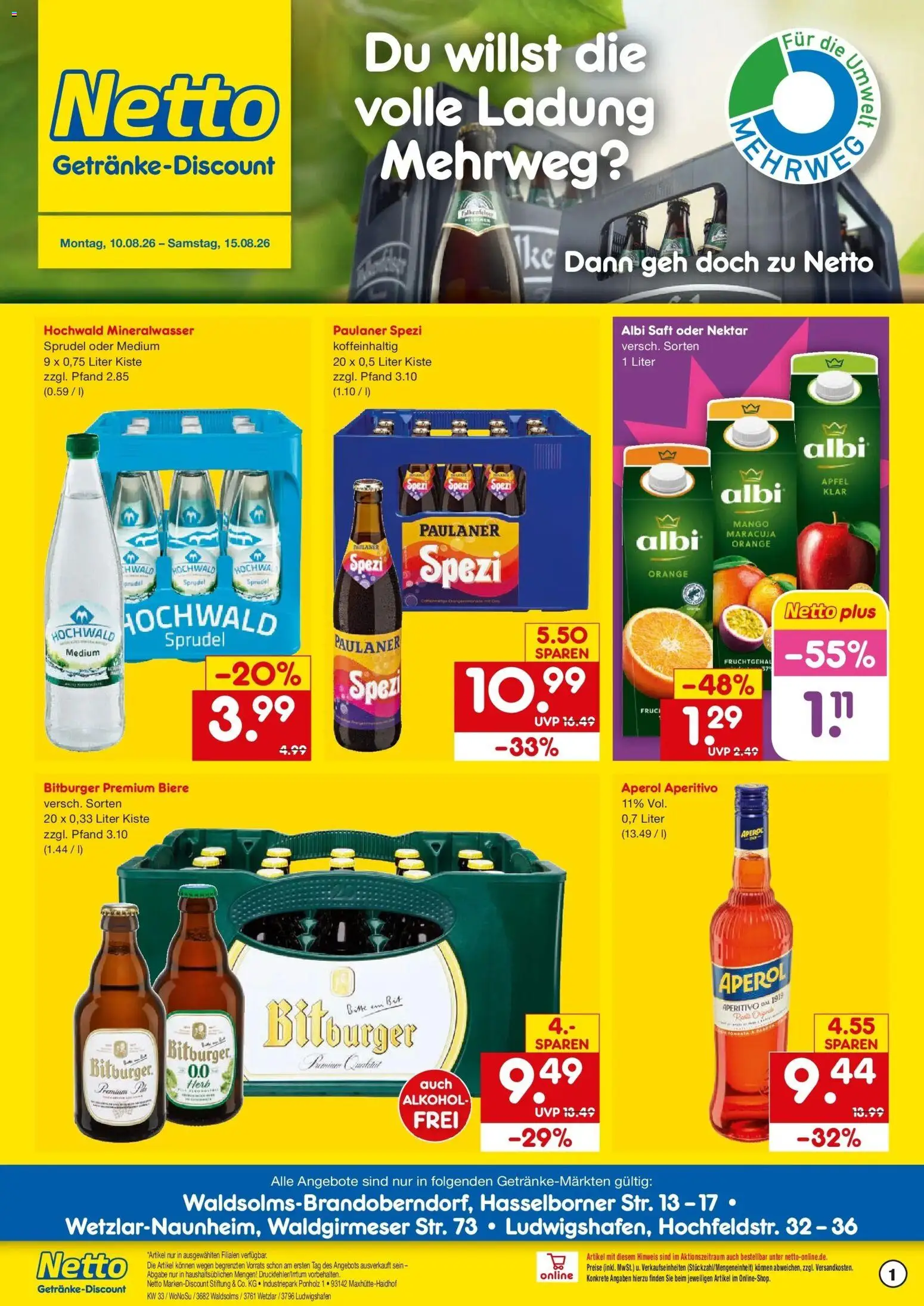 Netto Marken-Discount Prospekt Wetzlar-Naunheim (ab 10.08.2026) » Angebote | Seite: 1 | Produkte: Bitburger, Mineralwasser, Alkohol, Mango
