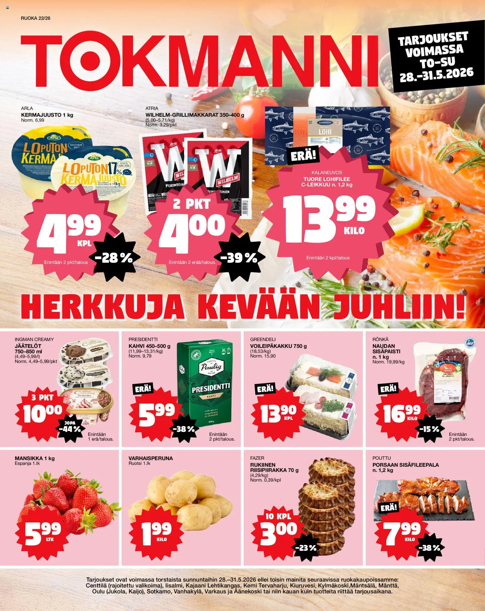 Tokmanni ruokatarjoukset – voimassa 28.05.2026 alkaen | Sivu: 1 | Tuotteet: Lohi, Kermajuusto, Kahvi, Kerma