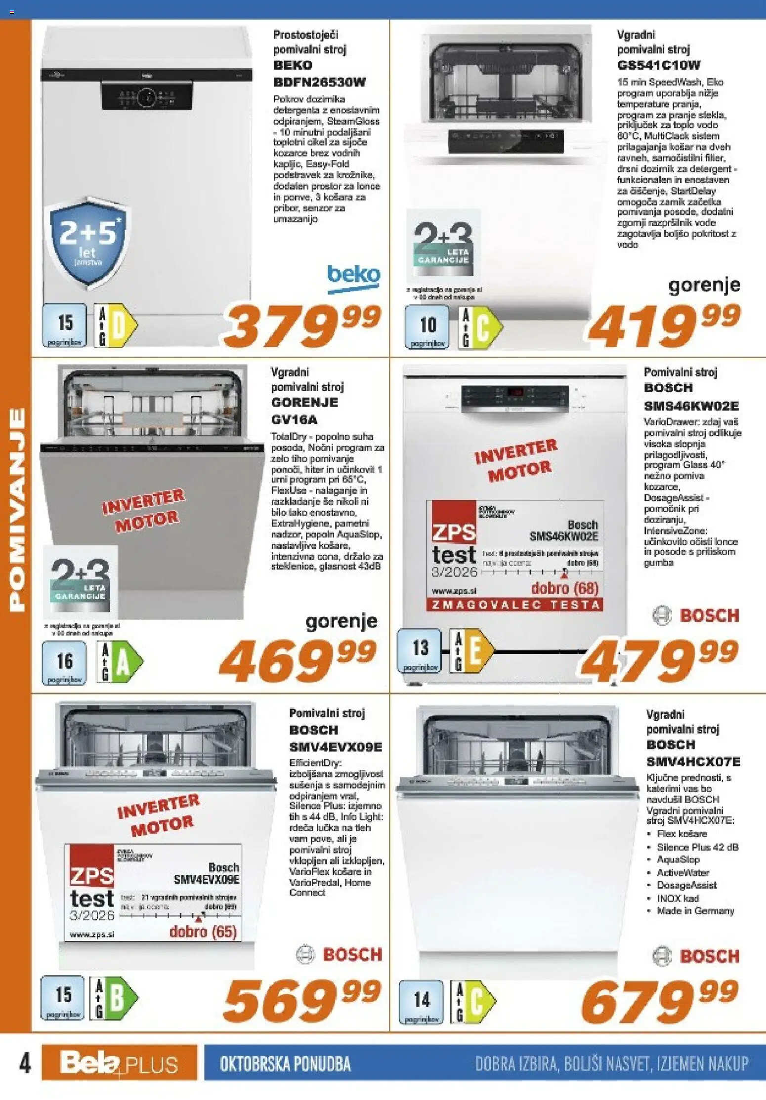 Novi Bela plus katalog ponudbe – veljaven od 01.10.2026 | Stran: 4 | Izdelki: Pomivalni stroj, Košara, Detergent, Vgradni pomivalni stroj