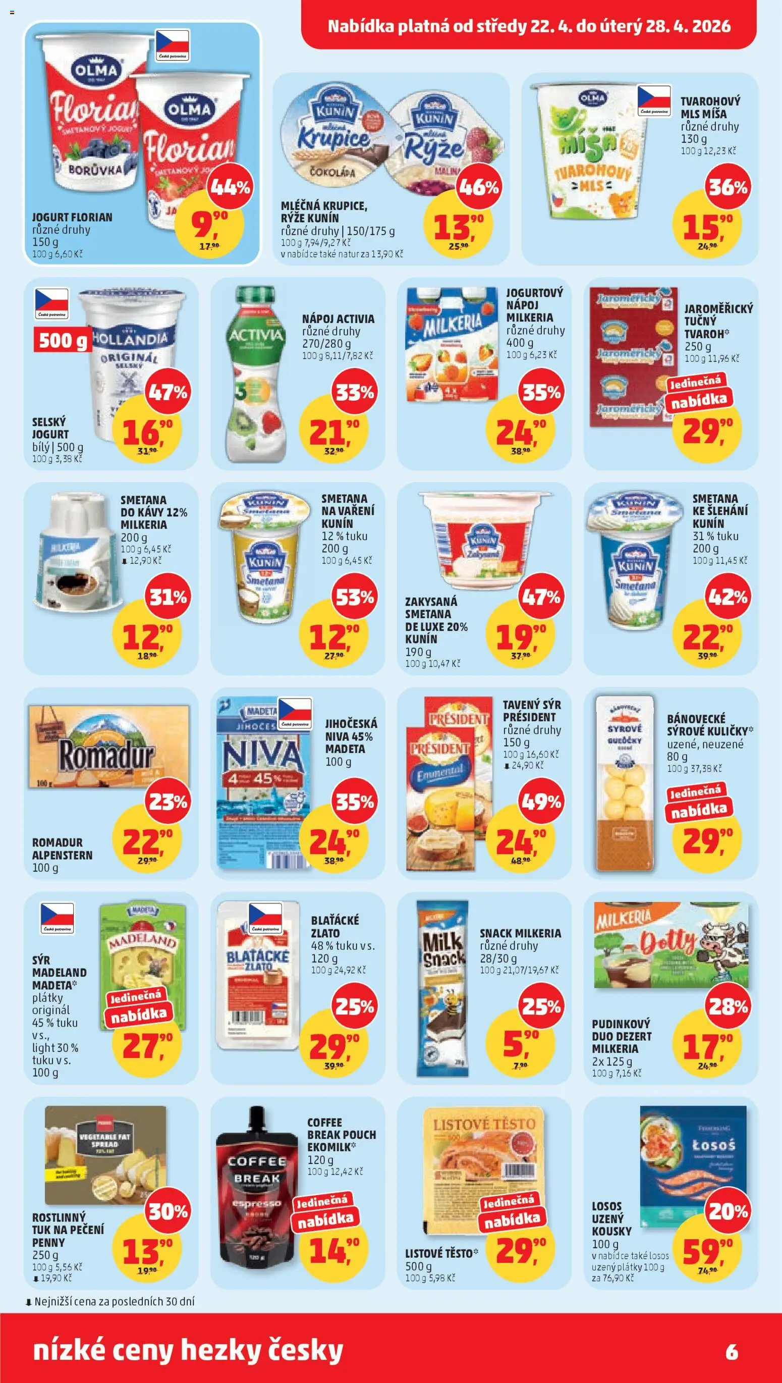 Penny Market leták od 22.04.2026 | Strana: 6 | Produkty: Smetana, Smetana do kávy, Romadur, Jogurtový nápoj