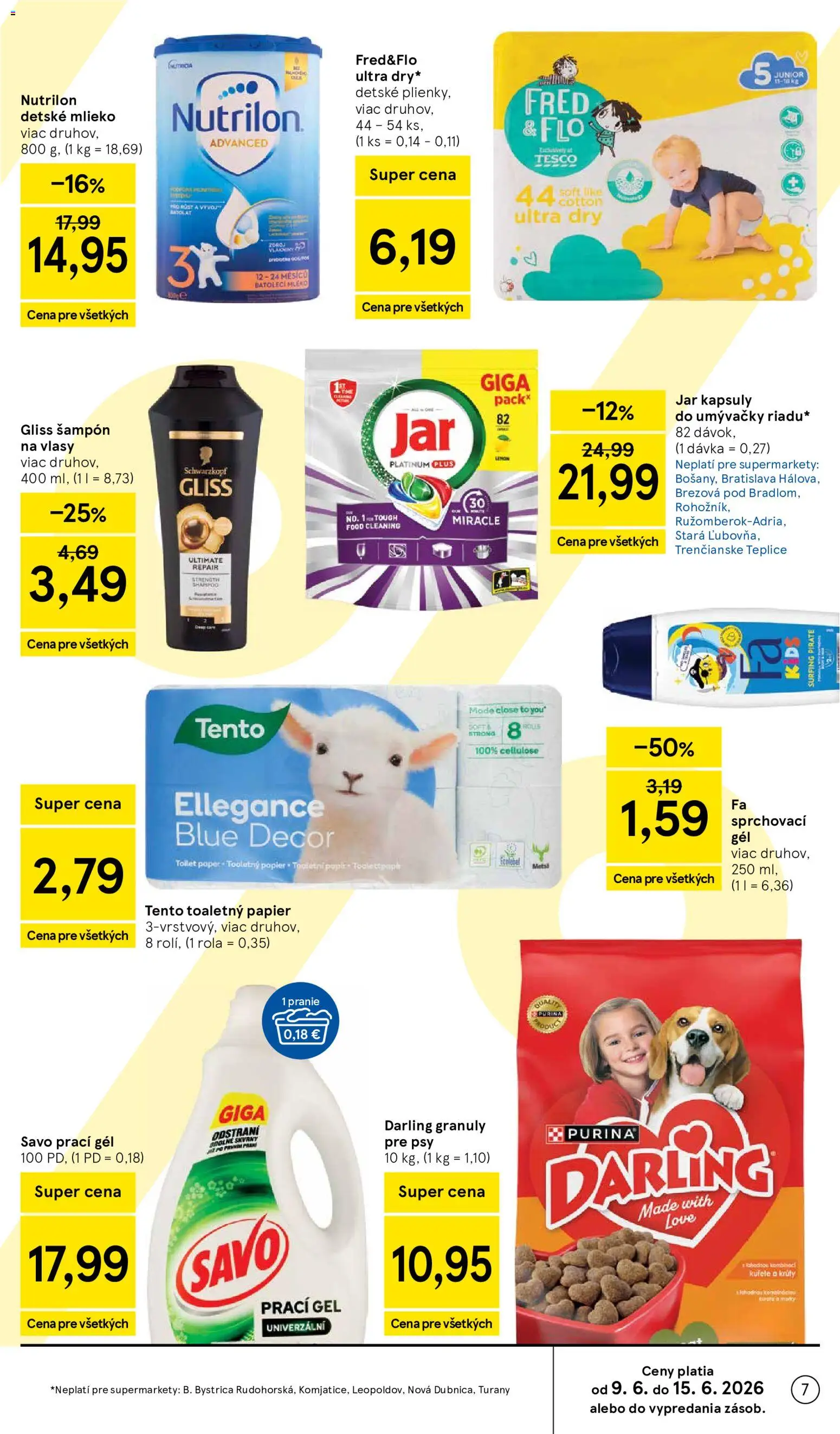 Nové Tesco akcie – leták je platný od 10.06.2026 | Strana: 7 | Produkty: Darling granule, Mlieko, Savo, Šampón