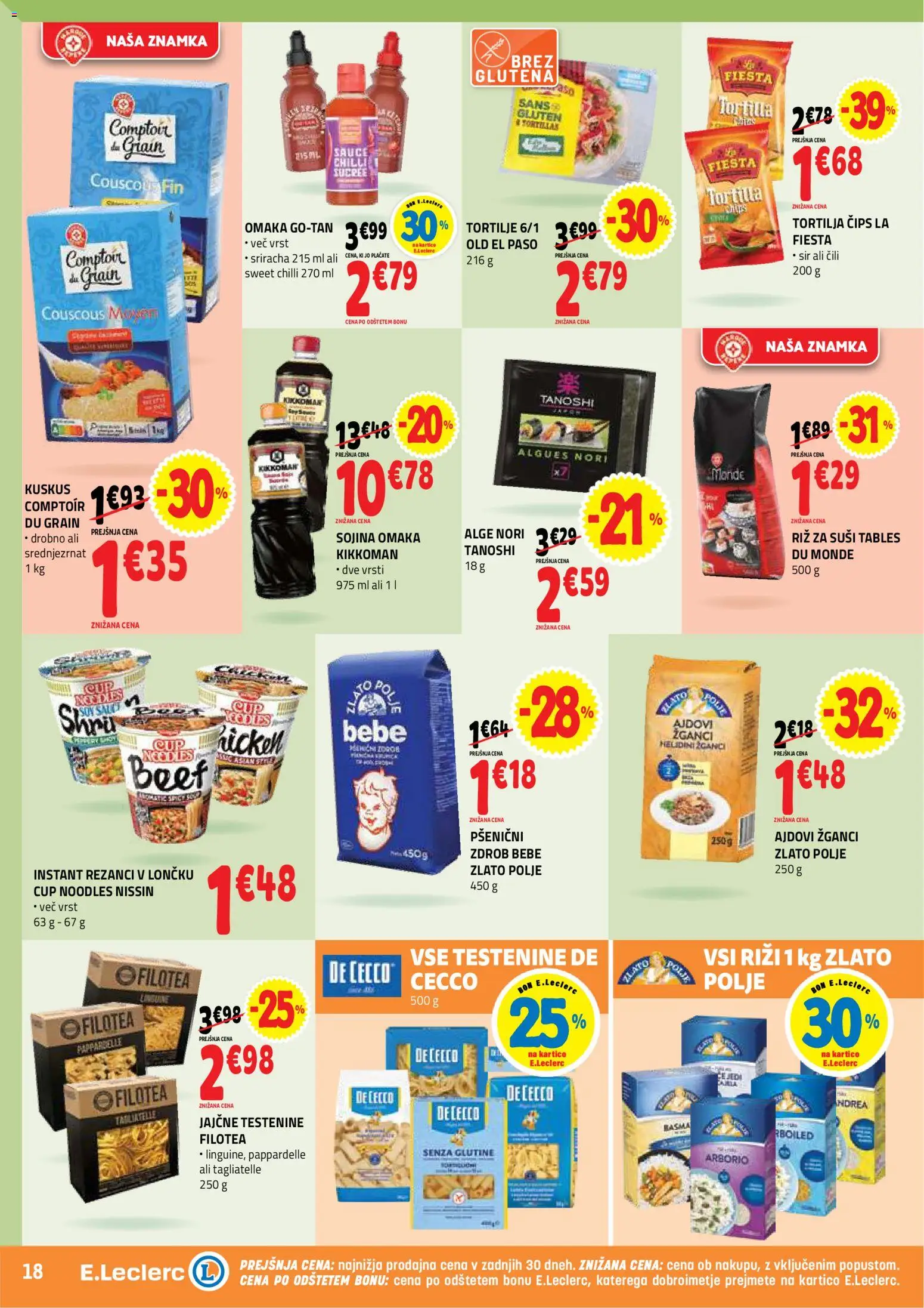 Novi E.leclerc katalog ponudbe – veljaven od 26.08.2026 | Stran: 18 | Izdelki: Zdrob, Suši, Sir, Testenine
