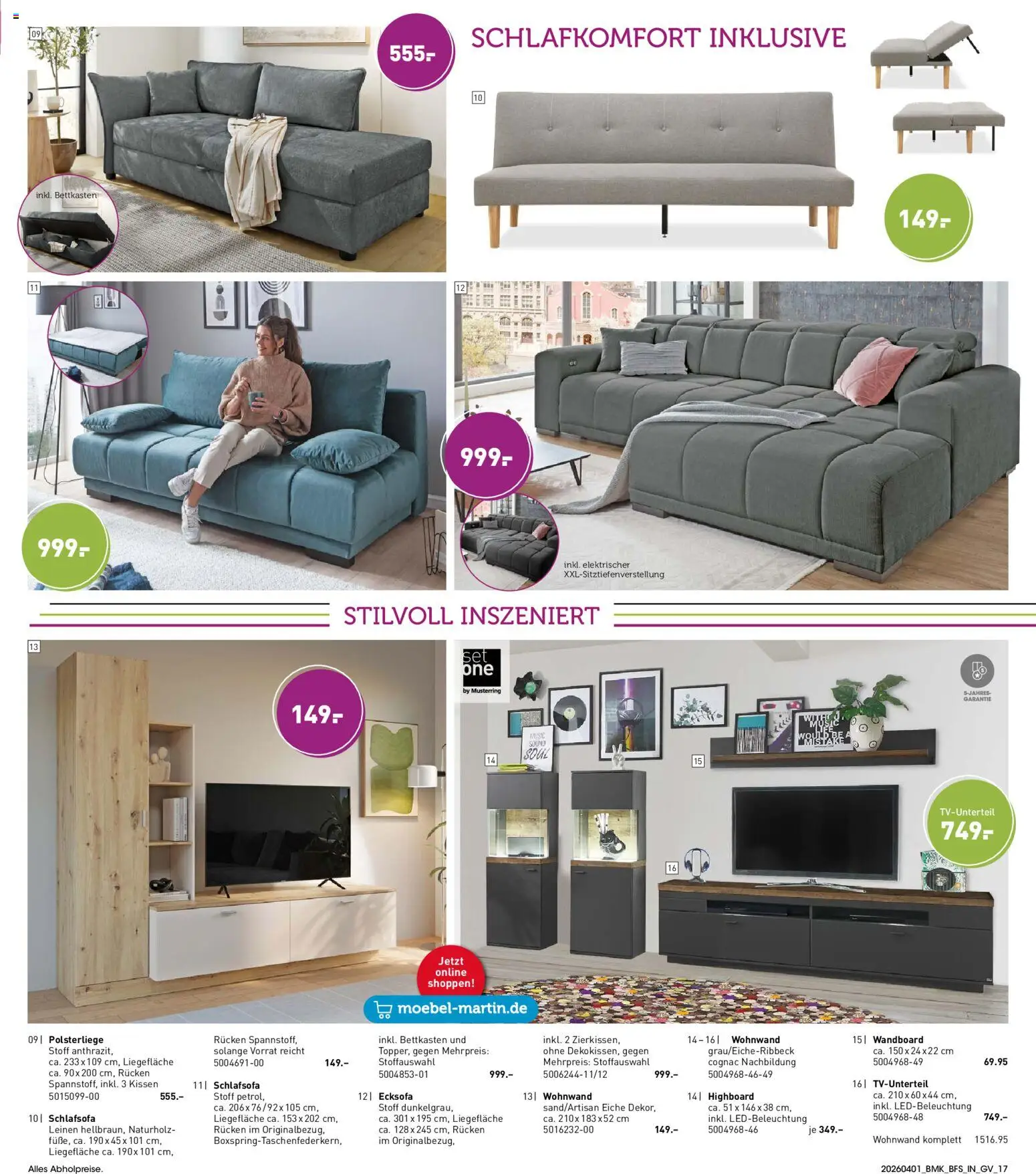 Möbel Martin Prospekt 	 – gültig ab 01.04.2026 | Seite: 17 | Produkte: Schlafsofa, Wohnwand, HIghboard, Kissen