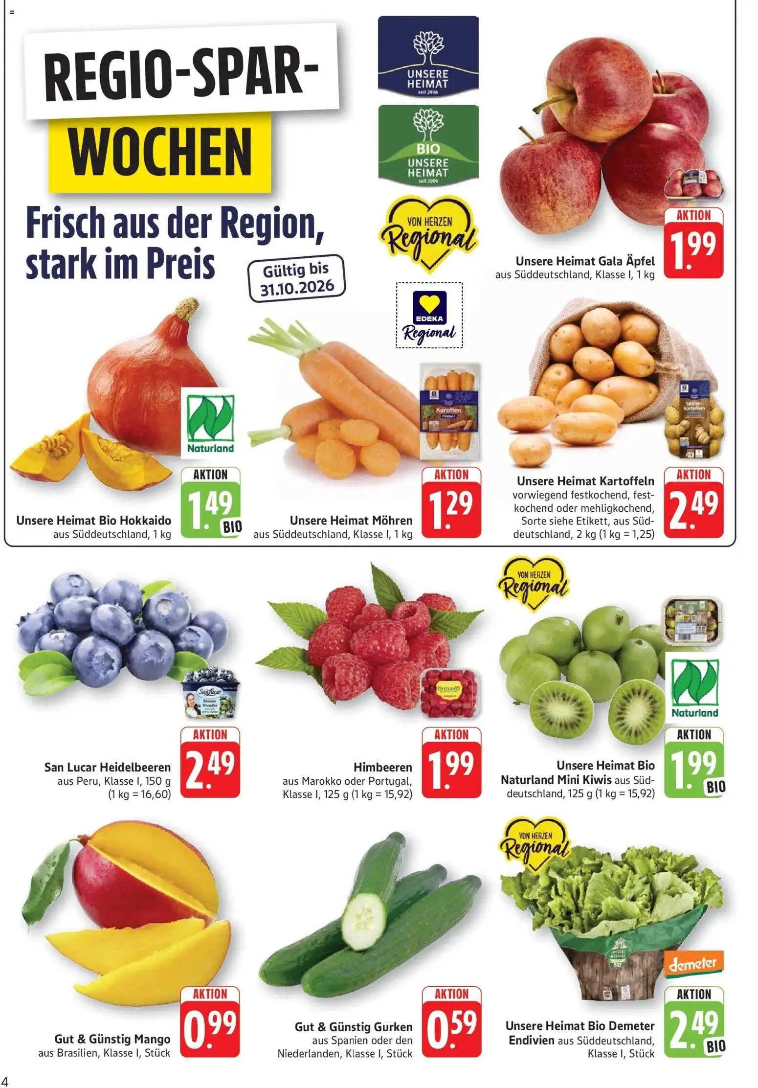 Edeka Prospekt Kröppen (ab 12.10.2026) » Angebote Online | Seite: 4 | Produkte: Äpfel, Mohren, Heidelbeeren, Mango