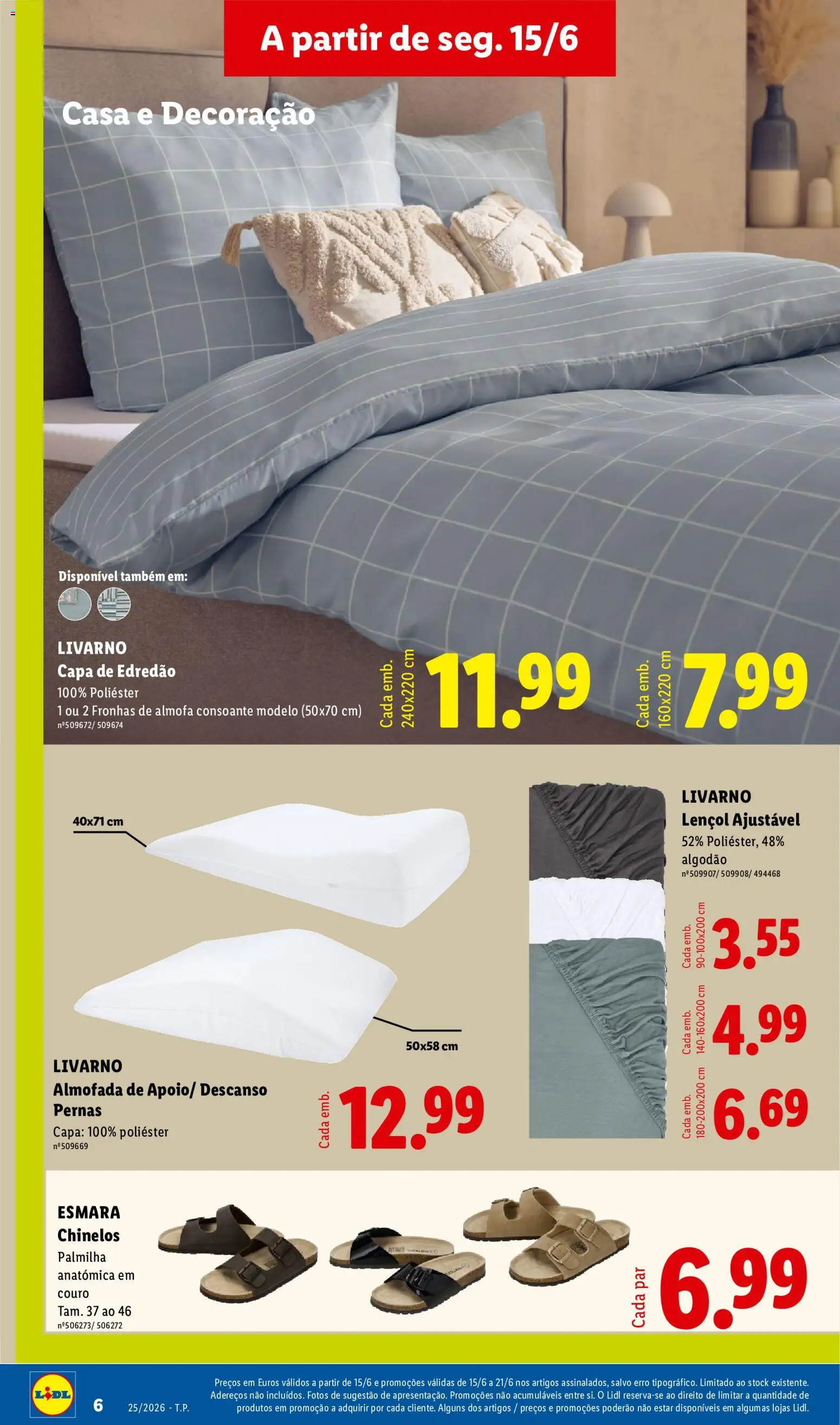 Lidl Novidades │ válido de 15.06.2026 | Página: 6 | Produtos: Chinelos, Algodão, Lençol, Almofada