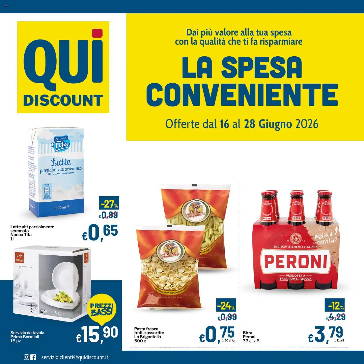 Volantino Qui Discount del 16.06.2026 | Pagina: 1 | Prodotti: Birra, Latte, Pasta, Latte parzialmente scremato