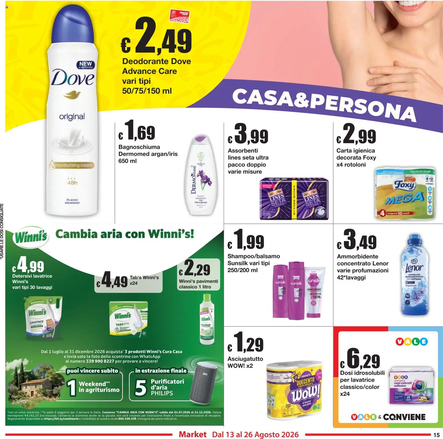 Volantino Sì con Te del 13/08/2026 | Pagina: 15 | Prodotti: Carta igienica, Ammorbidente, Asciugatutto, Lenzuola
