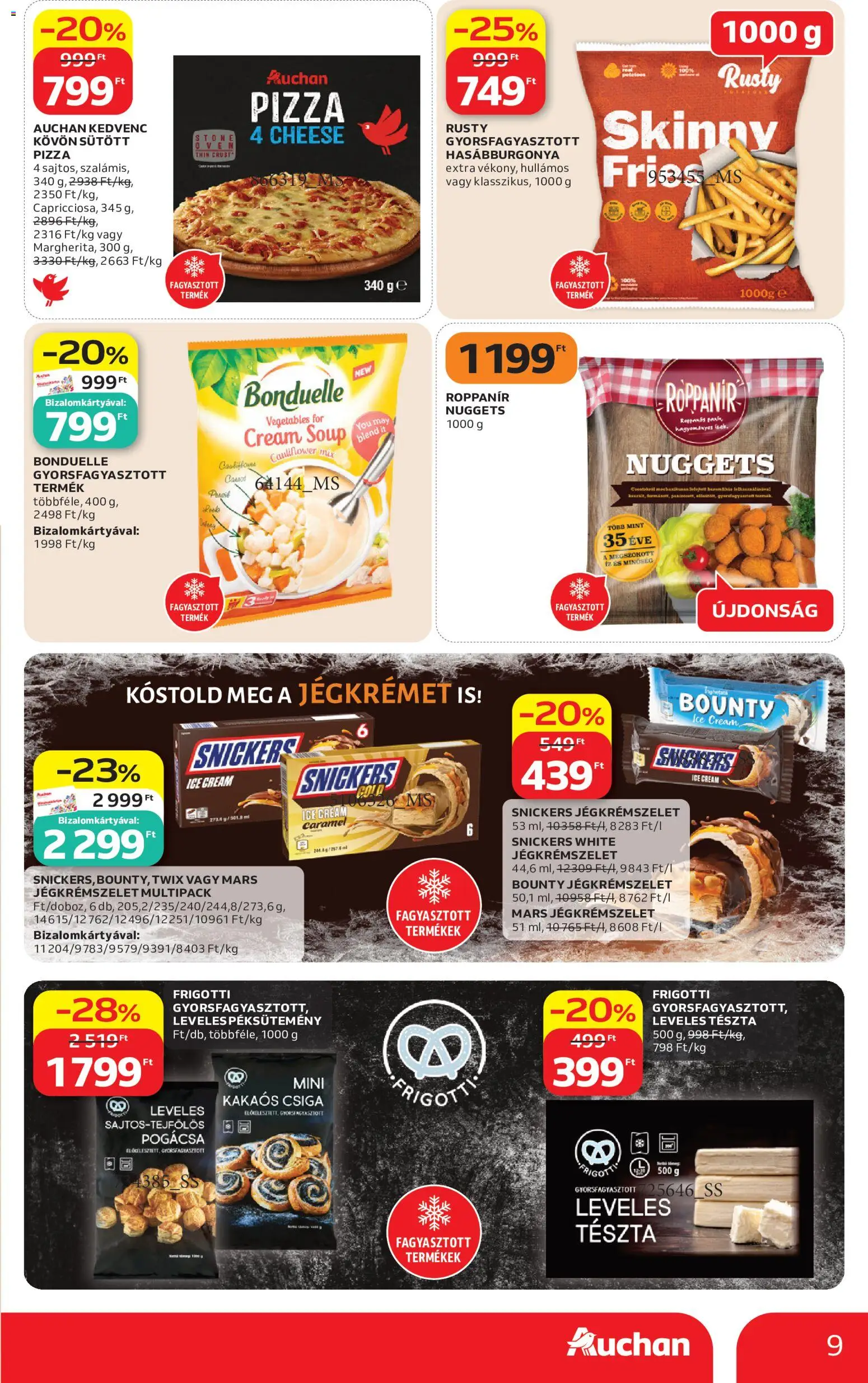 Auchan akciós ujság - amely érvényes a következő dátumtól: 21.05.2026 | Oldal: 9 | Termékek: Leveles tészta, Snickers, Pizza, Hasábburgonya